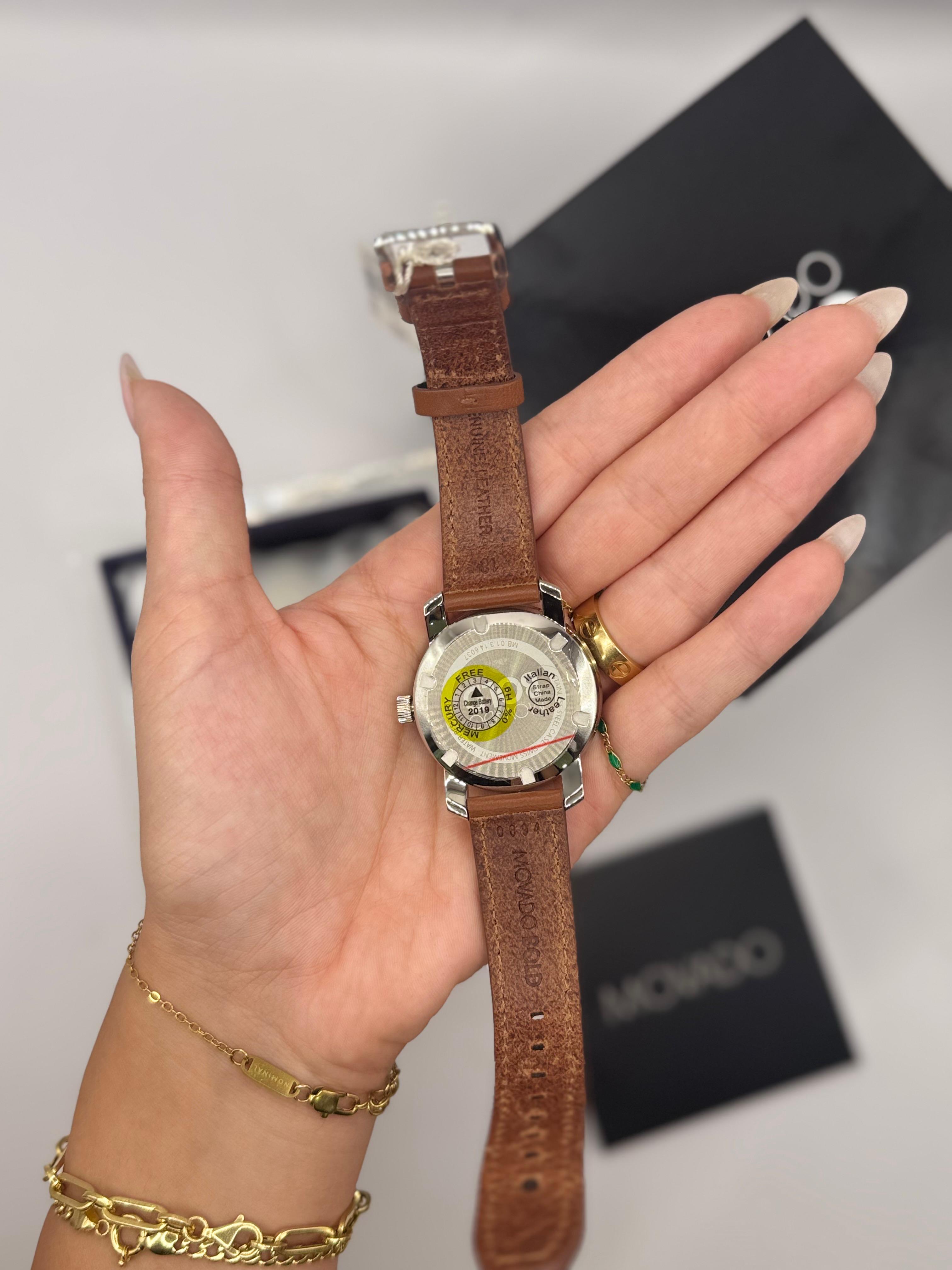 Movado Swiss Cognac Leather Strap silver round face
