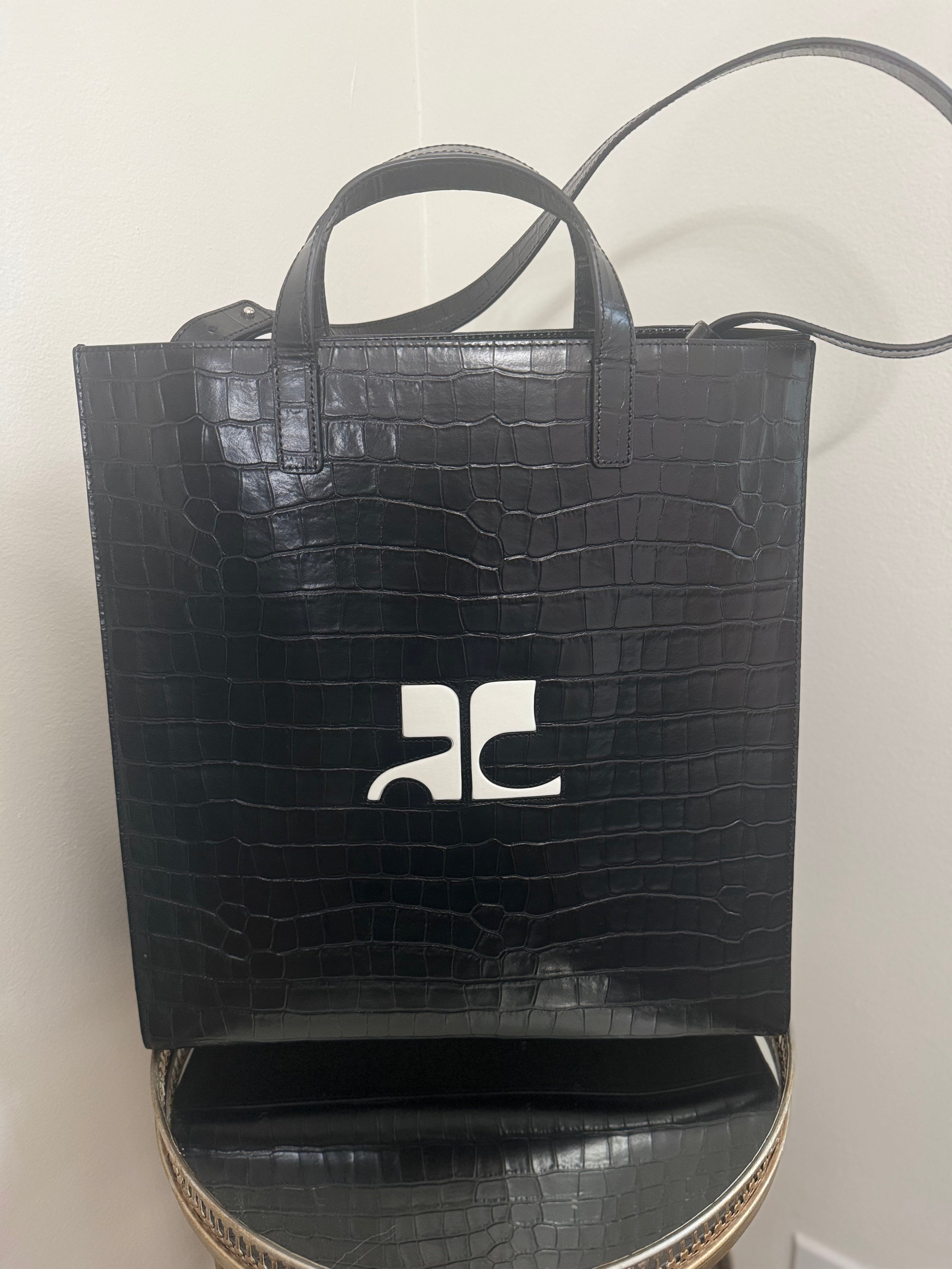 COURREGES HERITAGE TOTE IN CROCODILE-EMBOSSED LEATHER / AC LOGO