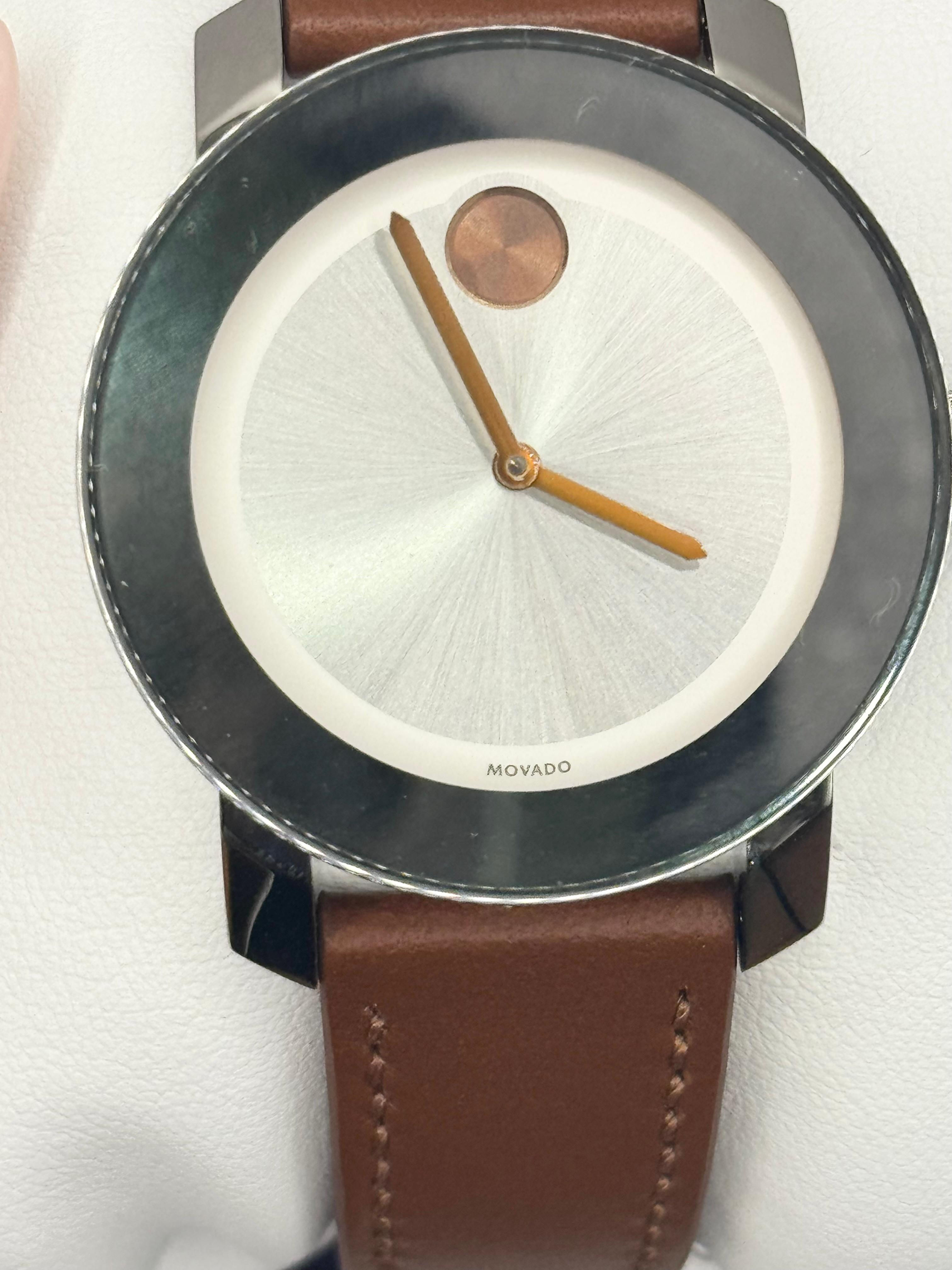 Movado Swiss Cognac Leather Strap silver round face