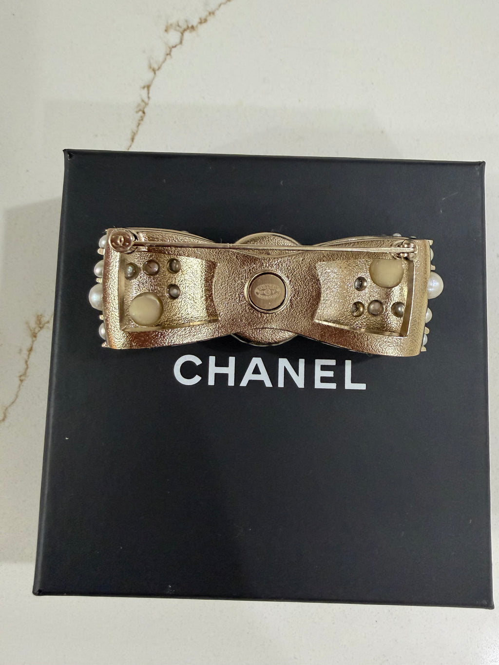 CHANEL BOW PEARL AND CHRYSTAL BROOCH