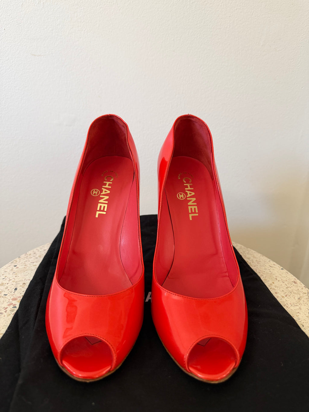 CHANEL CC PATENT LEATHER PEEP TOE PUMPS