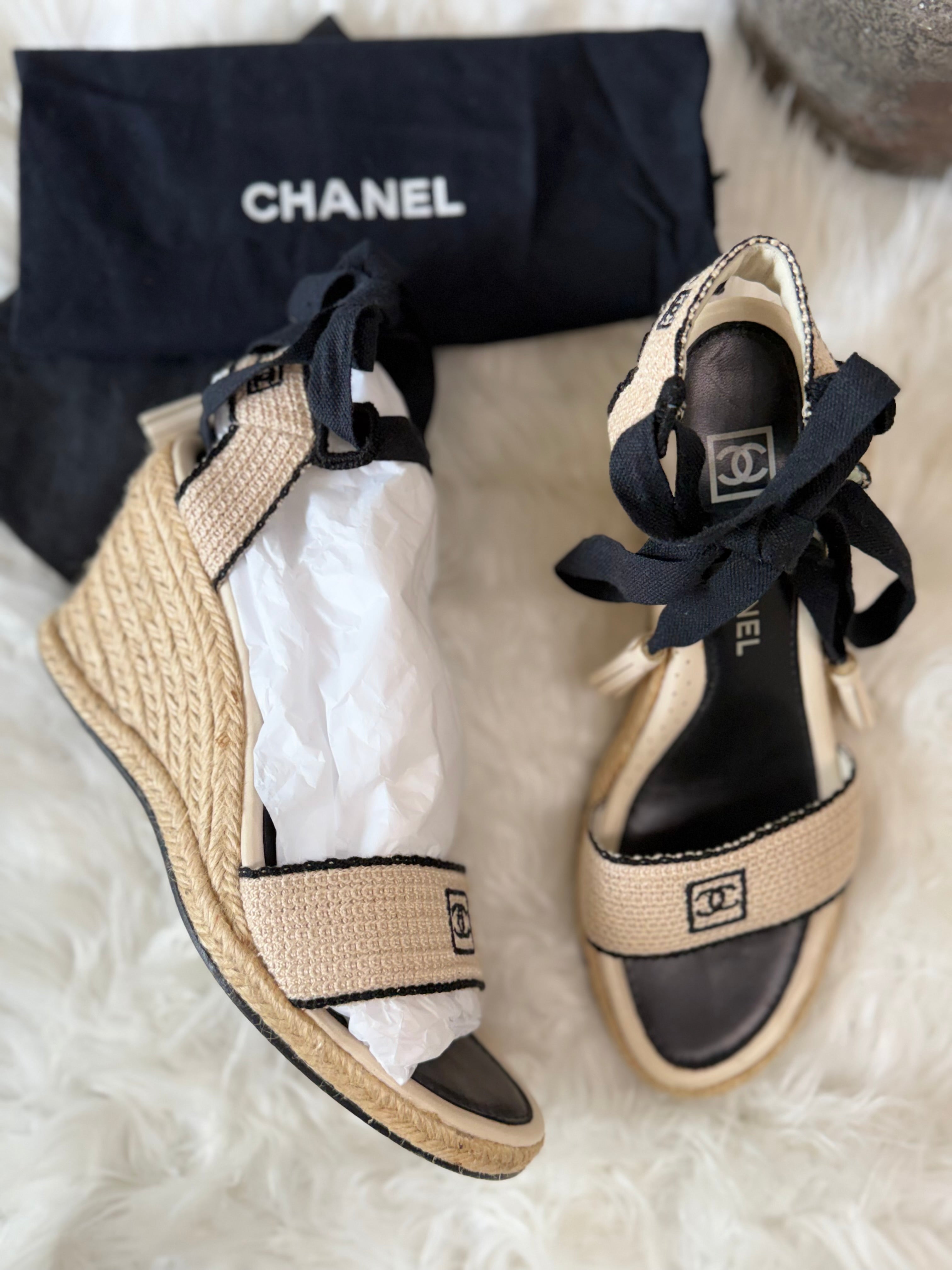 CHANEL CROCHET ESPEDRILLE WEDGES WITH BLACK TRIM