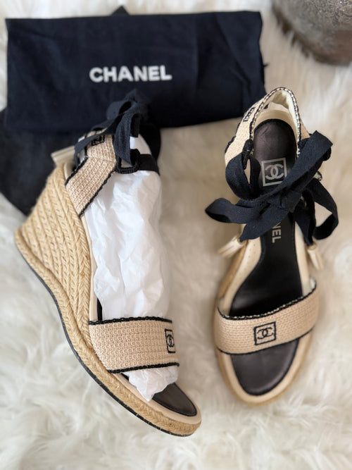 CHANEL CROCHET ESPEDRILLE WEDGES WITH BLACK TRIM