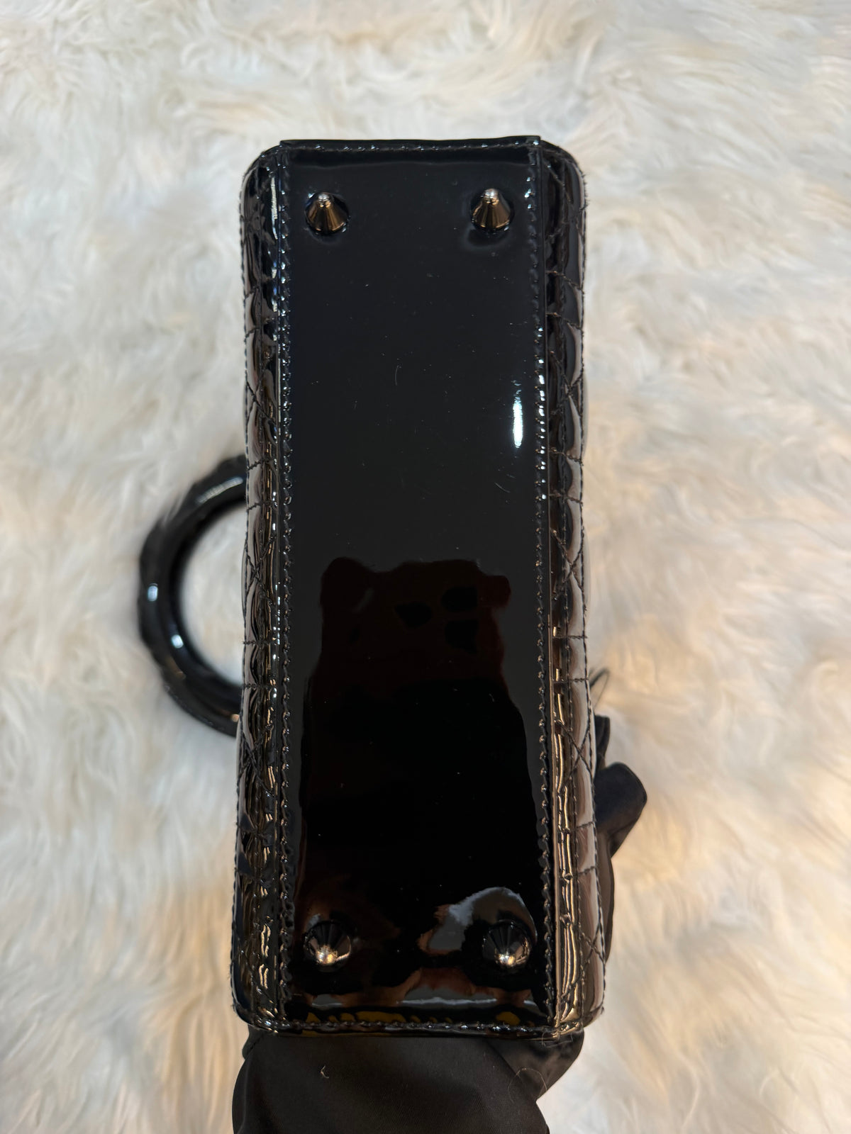 CHRISTIAN DIOR LADY DIOR SMALL BAG IN BLACK ON BLACK PATENT LEATHER
