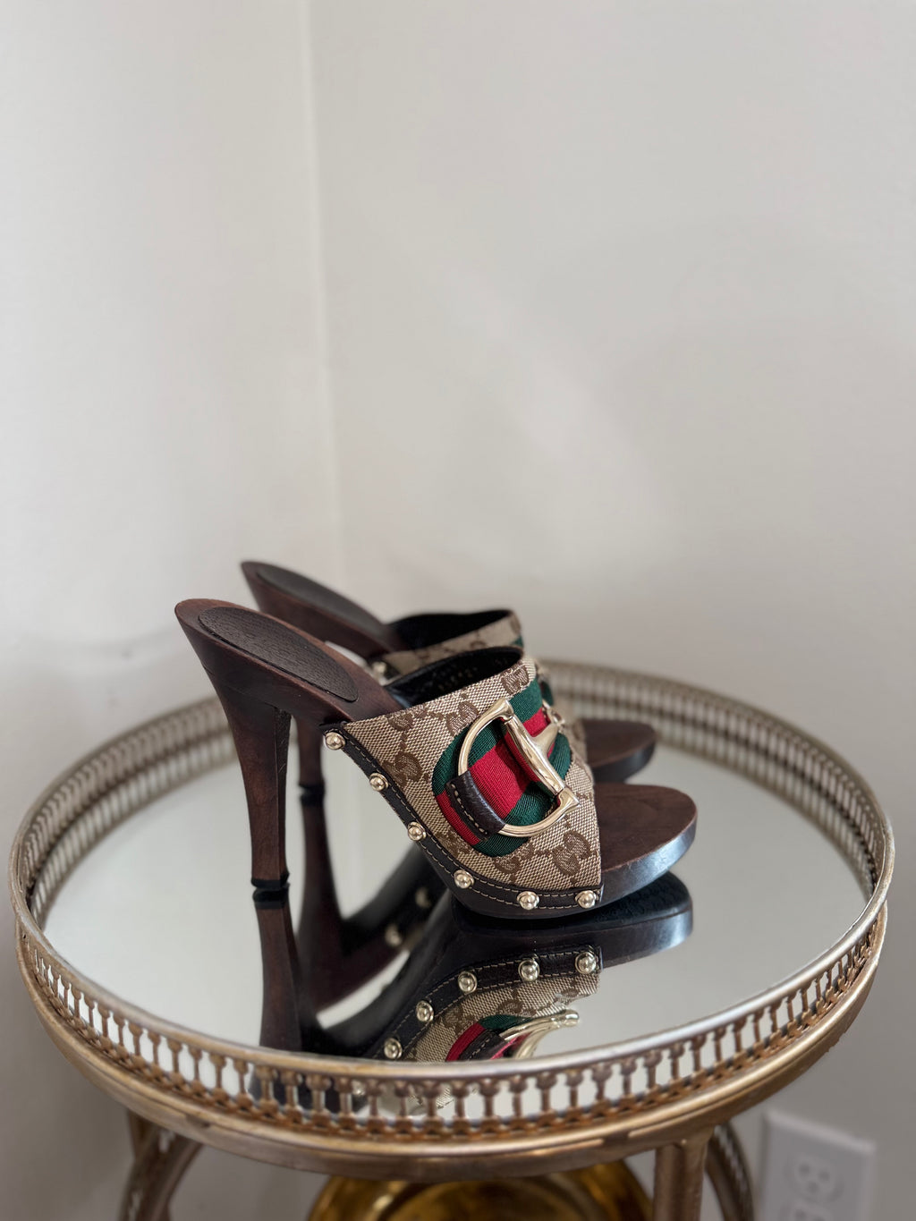 Gucci GG canvas Web Horsebit wooden clogs sandals