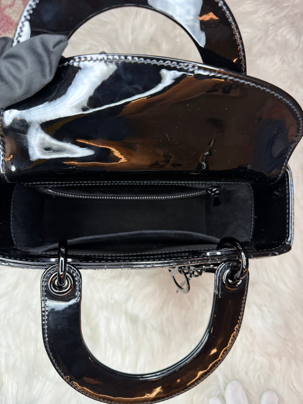 CHRISTIAN DIOR LADY DIOR SMALL BAG IN BLACK ON BLACK PATENT LEATHER