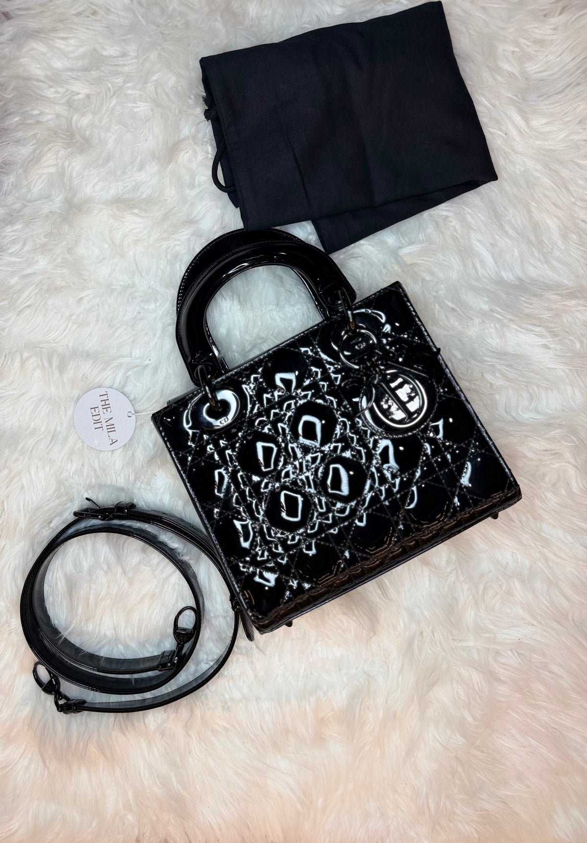 CHRISTIAN DIOR LADY DIOR SMALL BAG IN BLACK ON BLACK PATENT LEATHER