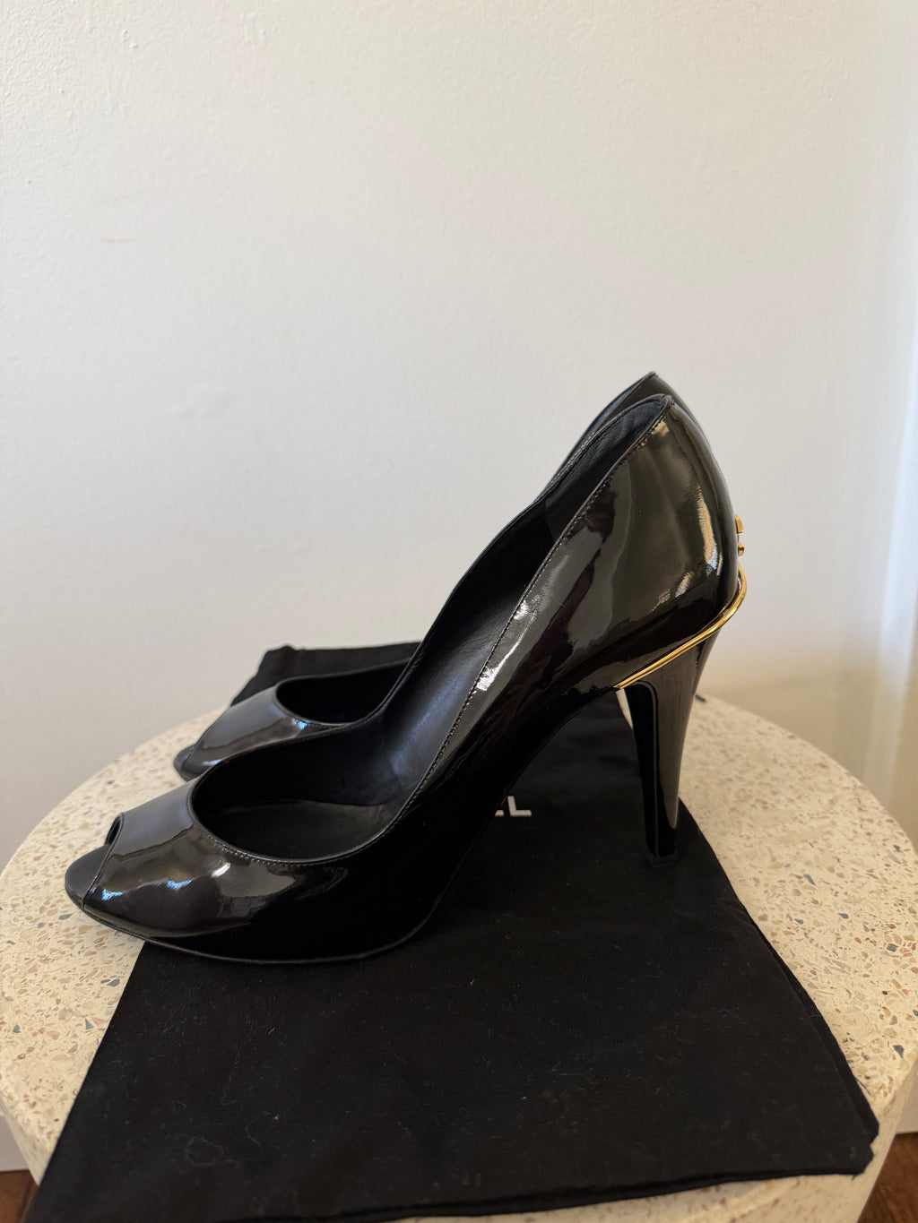 CHANEL CC PATENT LEATHER PEEP TOE PUMPS