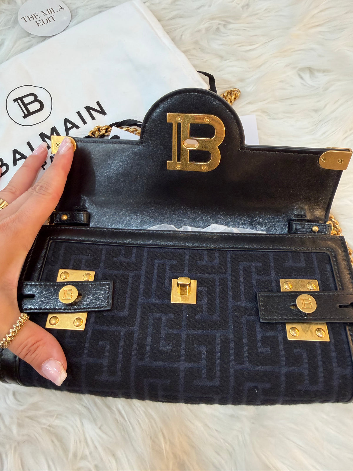 BALMAIN B-BUZZ 23 JACQUARD CLUTCH SHOULDER BAG