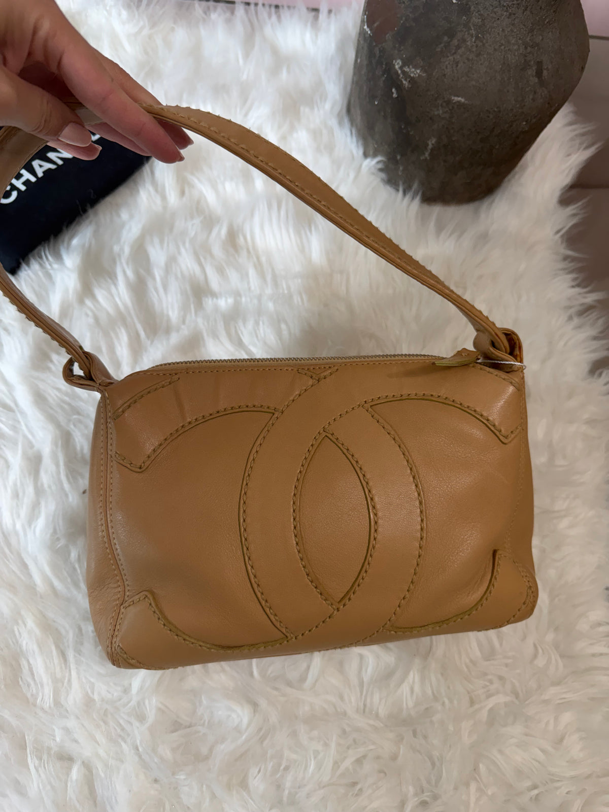 CHANEL SURPIQUE LARGE STITCHED CC LOGO SHOULDER BAG