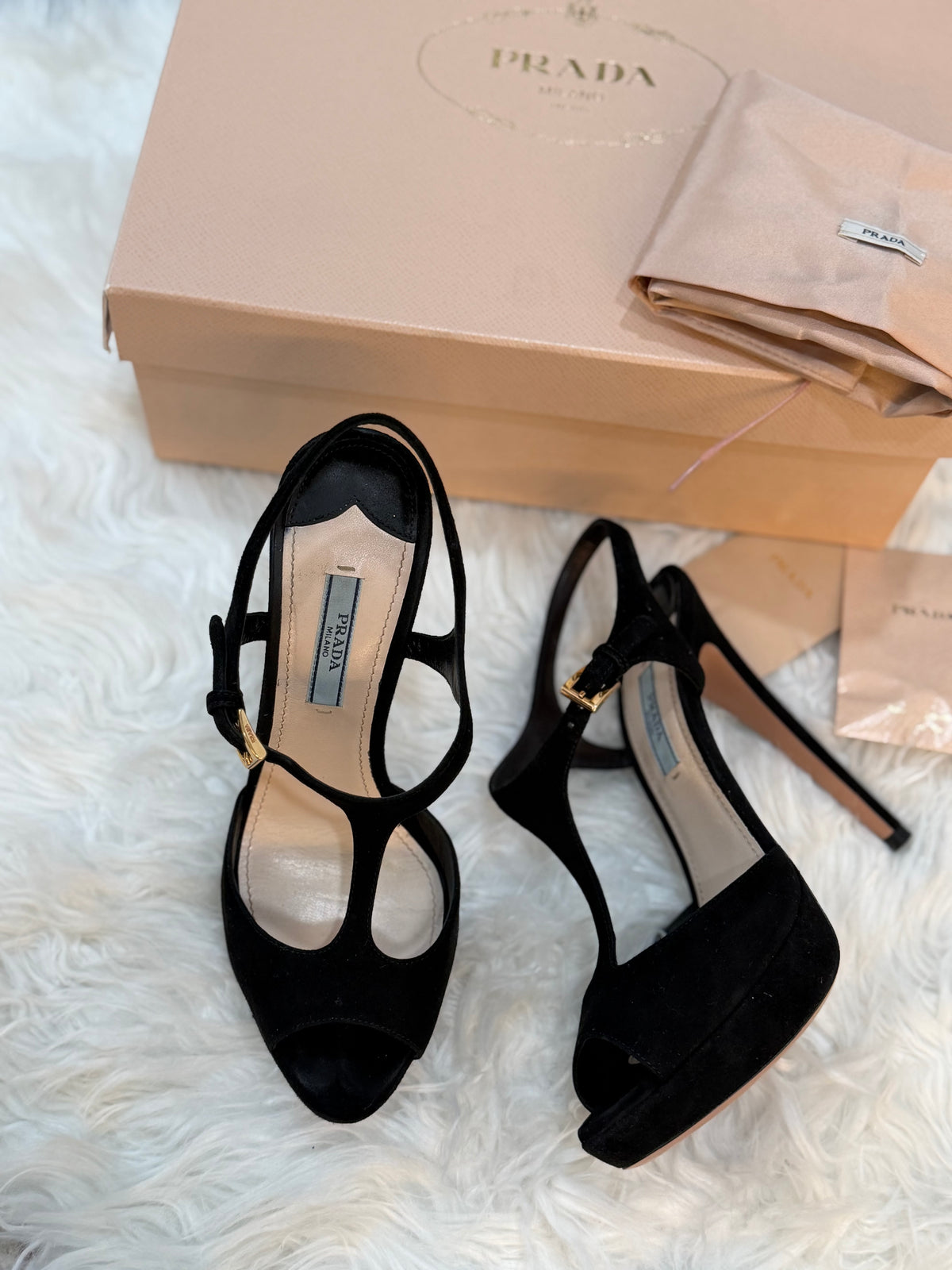 PRADA SUEDE T-STRAP SANDALS
