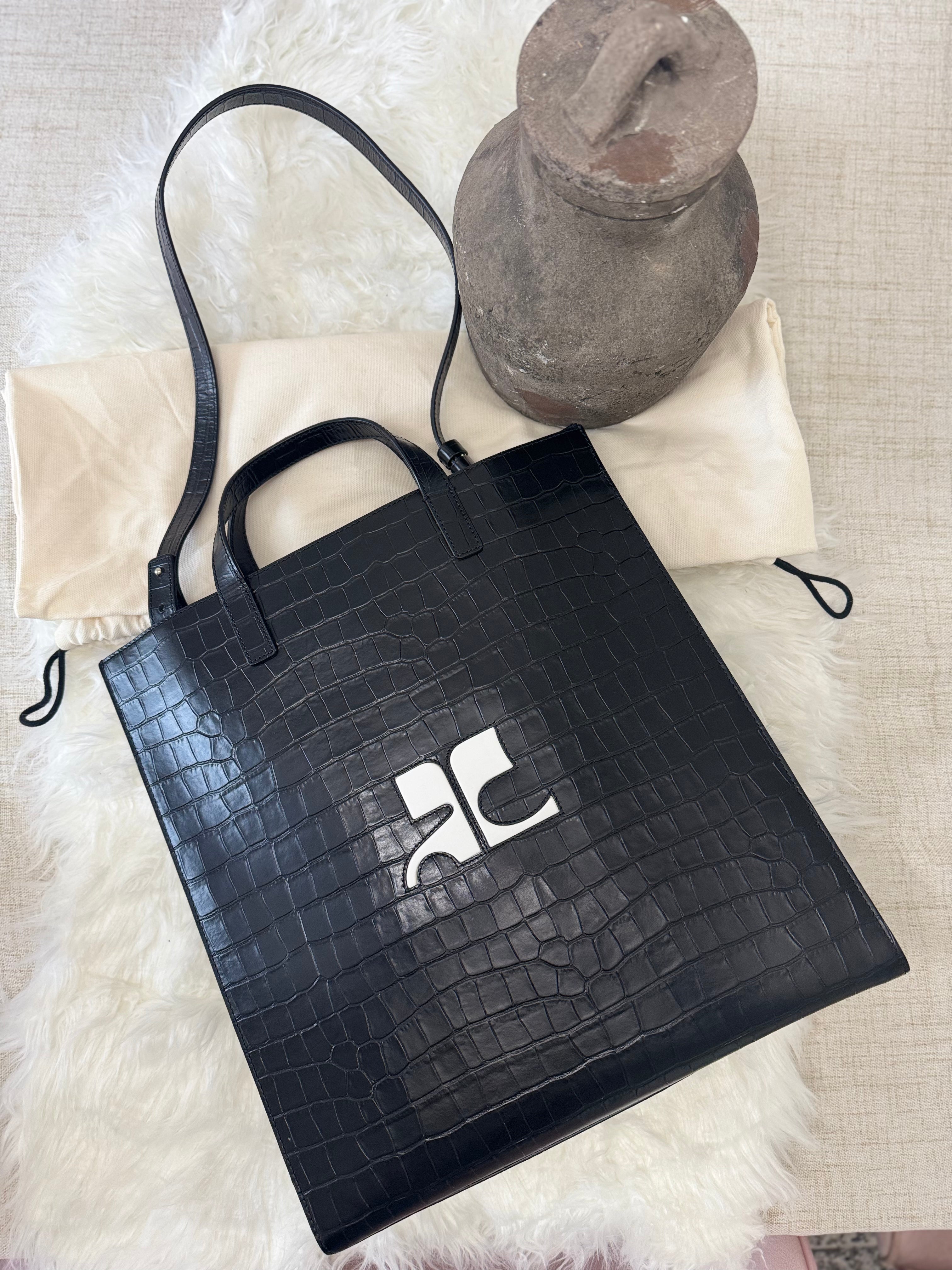 COURREGES HERITAGE TOTE IN CROCODILE-EMBOSSED LEATHER / AC LOGO