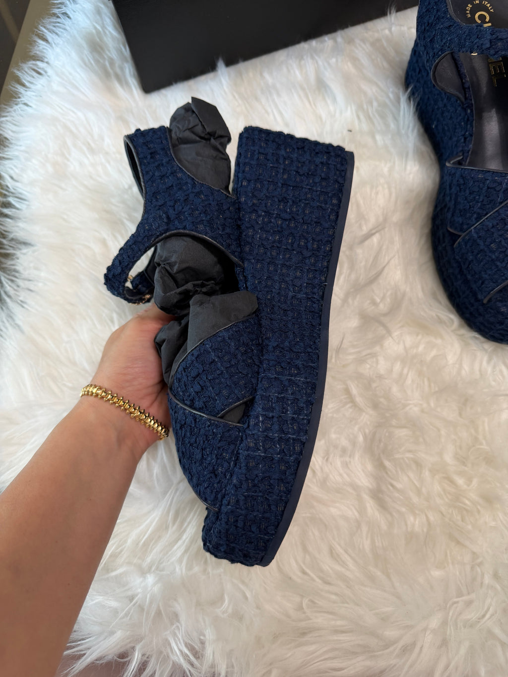 CHANEL TWEED QUILTED CC PLATFORM SANDALS