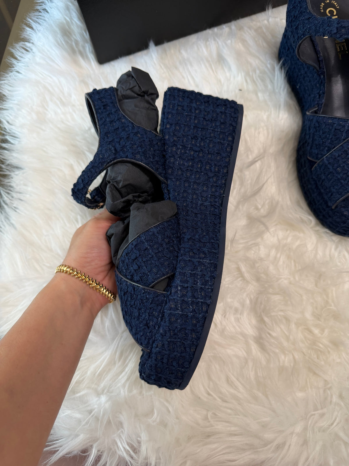 CHANEL TWEED QUILTED CC PLATFORM SANDALS