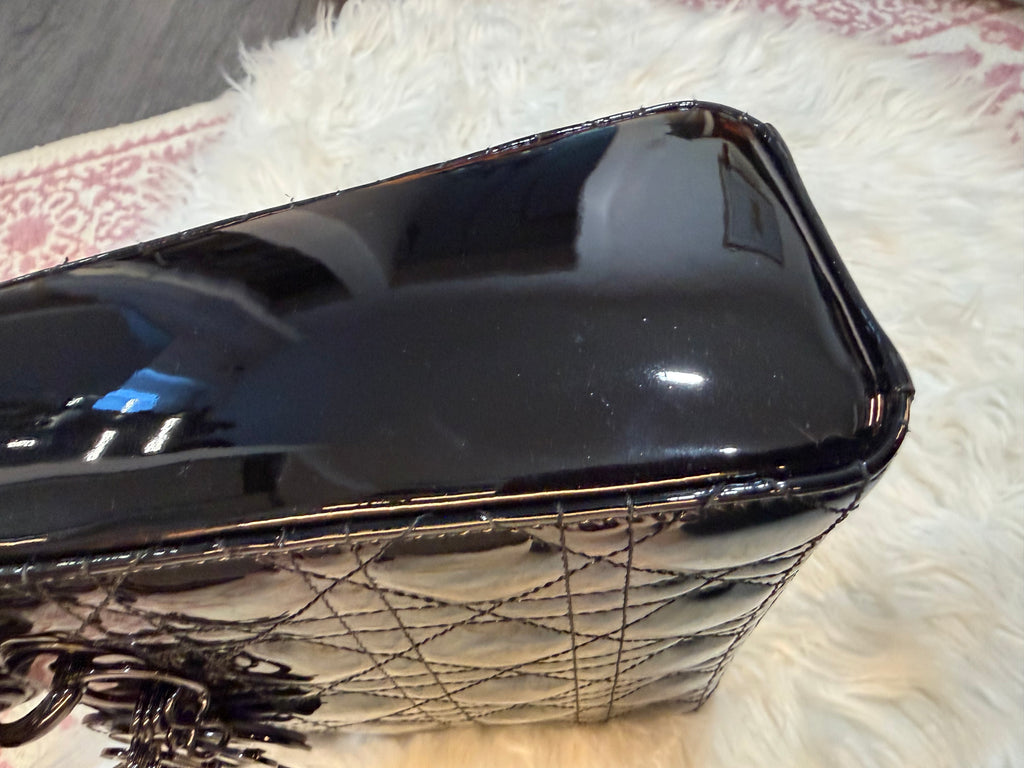 CHRISTIAN DIOR LADY DIOR SMALL BAG IN BLACK ON BLACK PATENT LEATHER