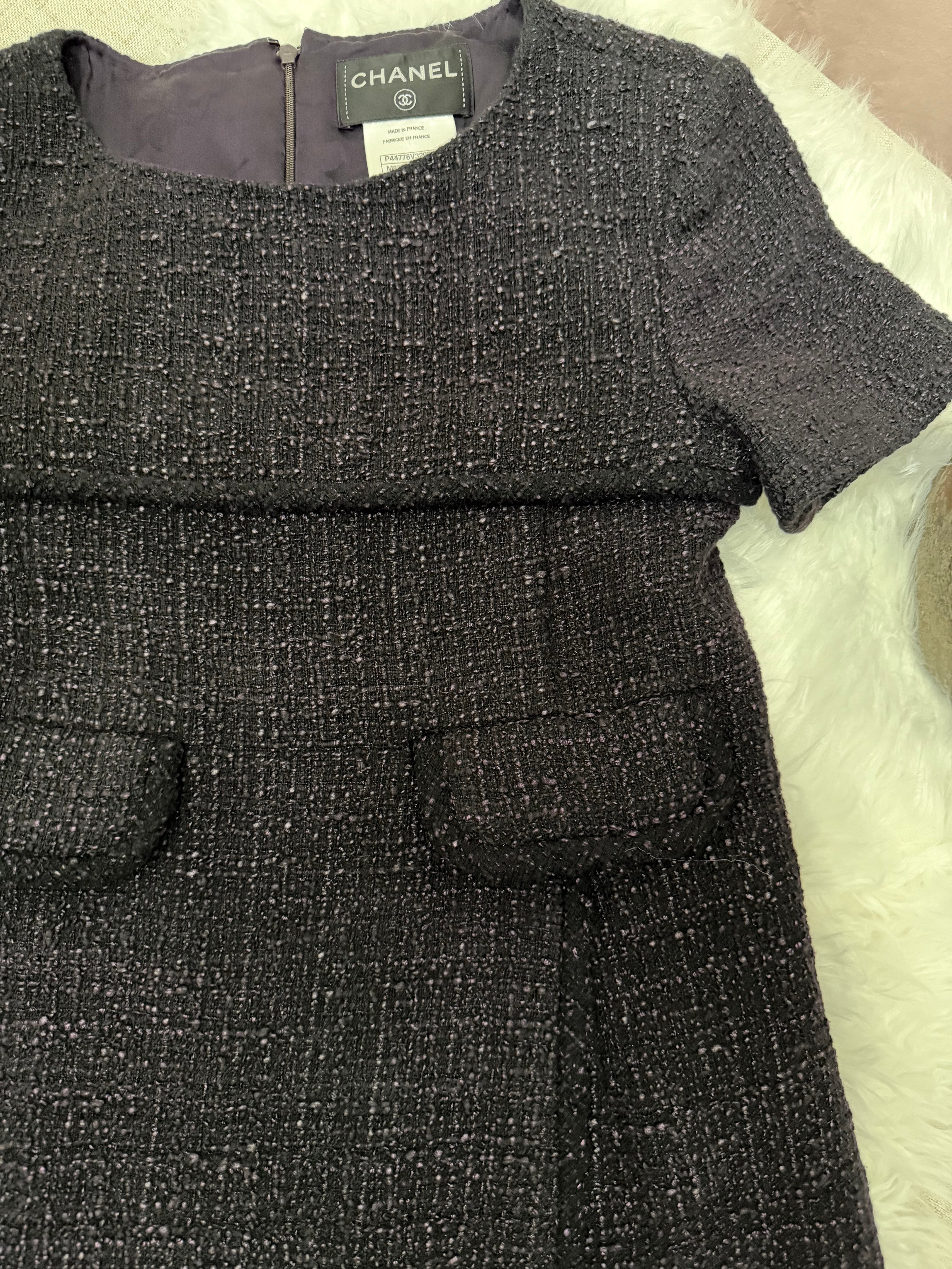 CHANEL TWEED SHORT SLEEVE DRESS WITH FRONT FLAP POCKETS