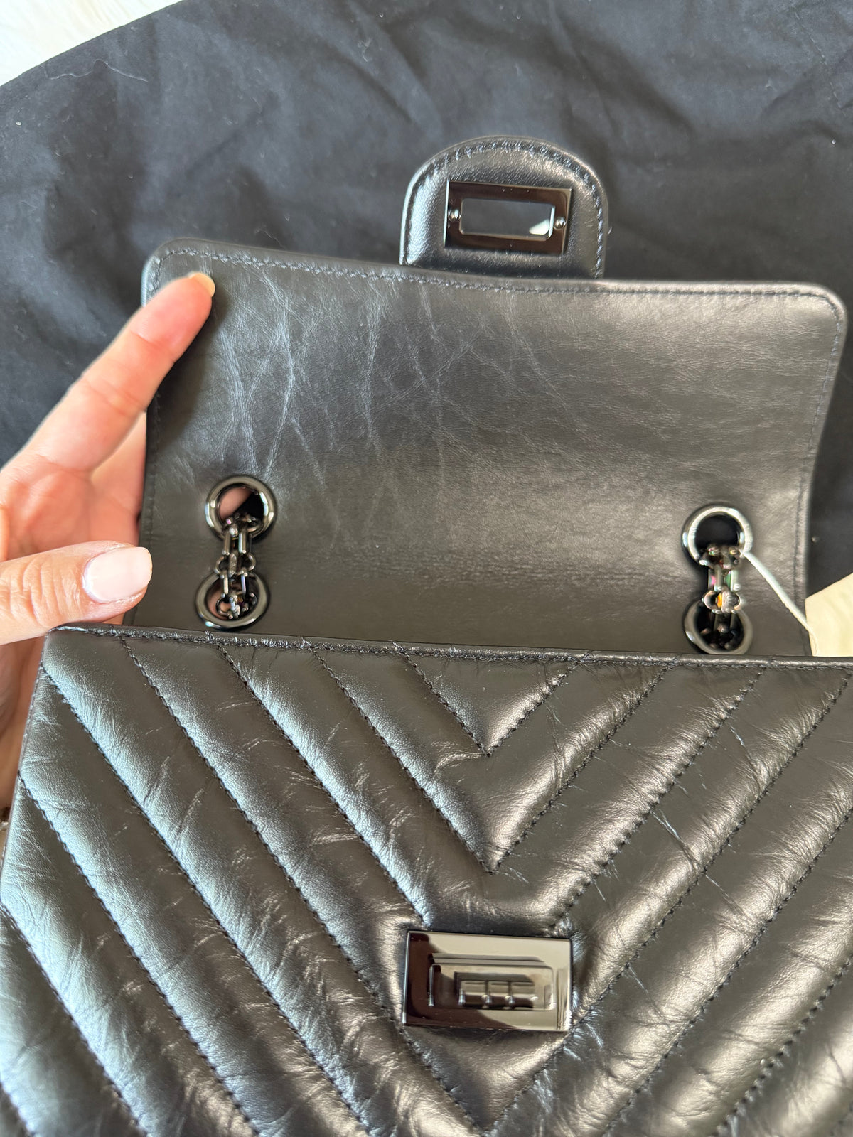 CHANEL SO BLACK REISSUE 2.55 FLAP CHEVRON AGED CALFSKIN