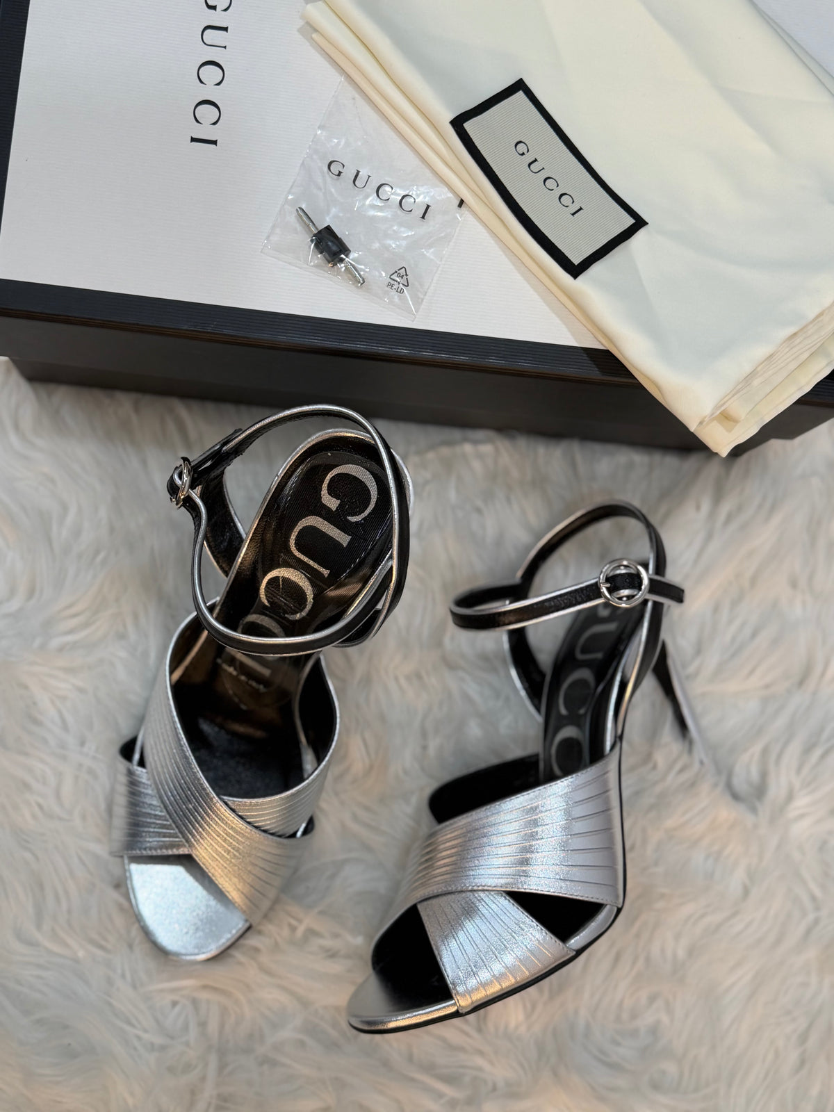 GUCCI LEATHER METALLIC STRIPED SANDALS