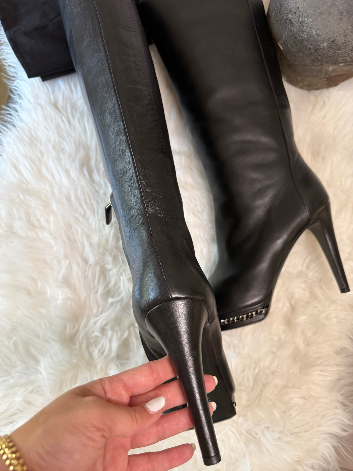 CHANEL CC INTERLOCKING KNEE-HIGH LEATHER BOOTS