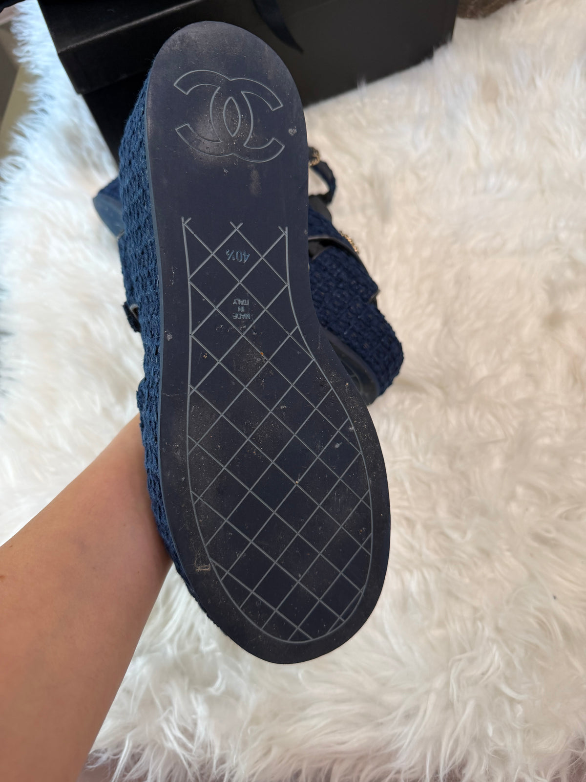 CHANEL TWEED QUILTED CC PLATFORM SANDALS