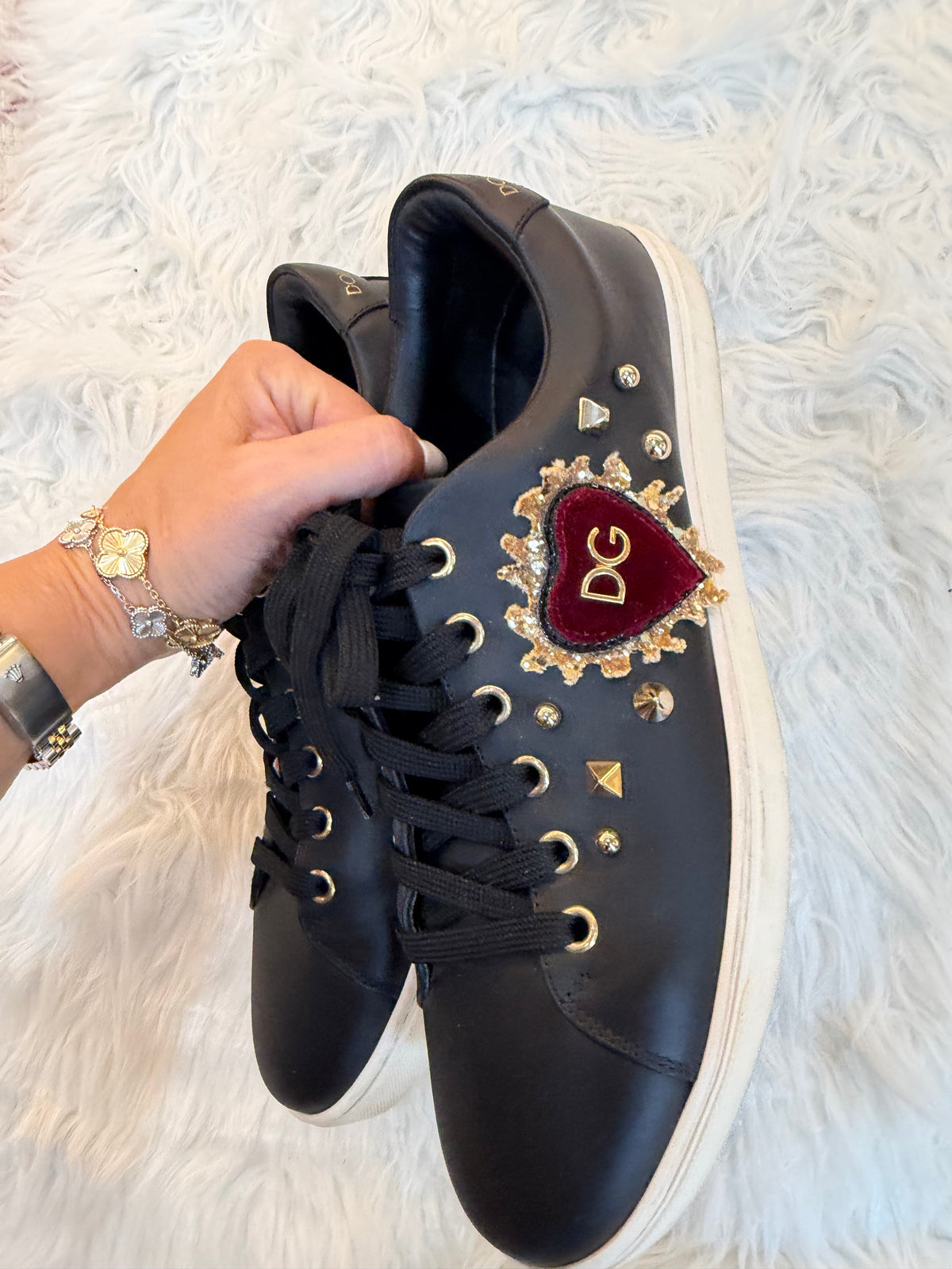 DOLCE & GABBANA HEART STUDDED LEATHER SNEAKERS