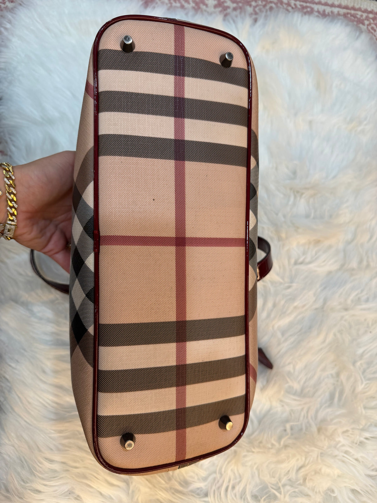 BURBERRY CHECK PRINT LONG TOTE IN CANVAS LEATHER