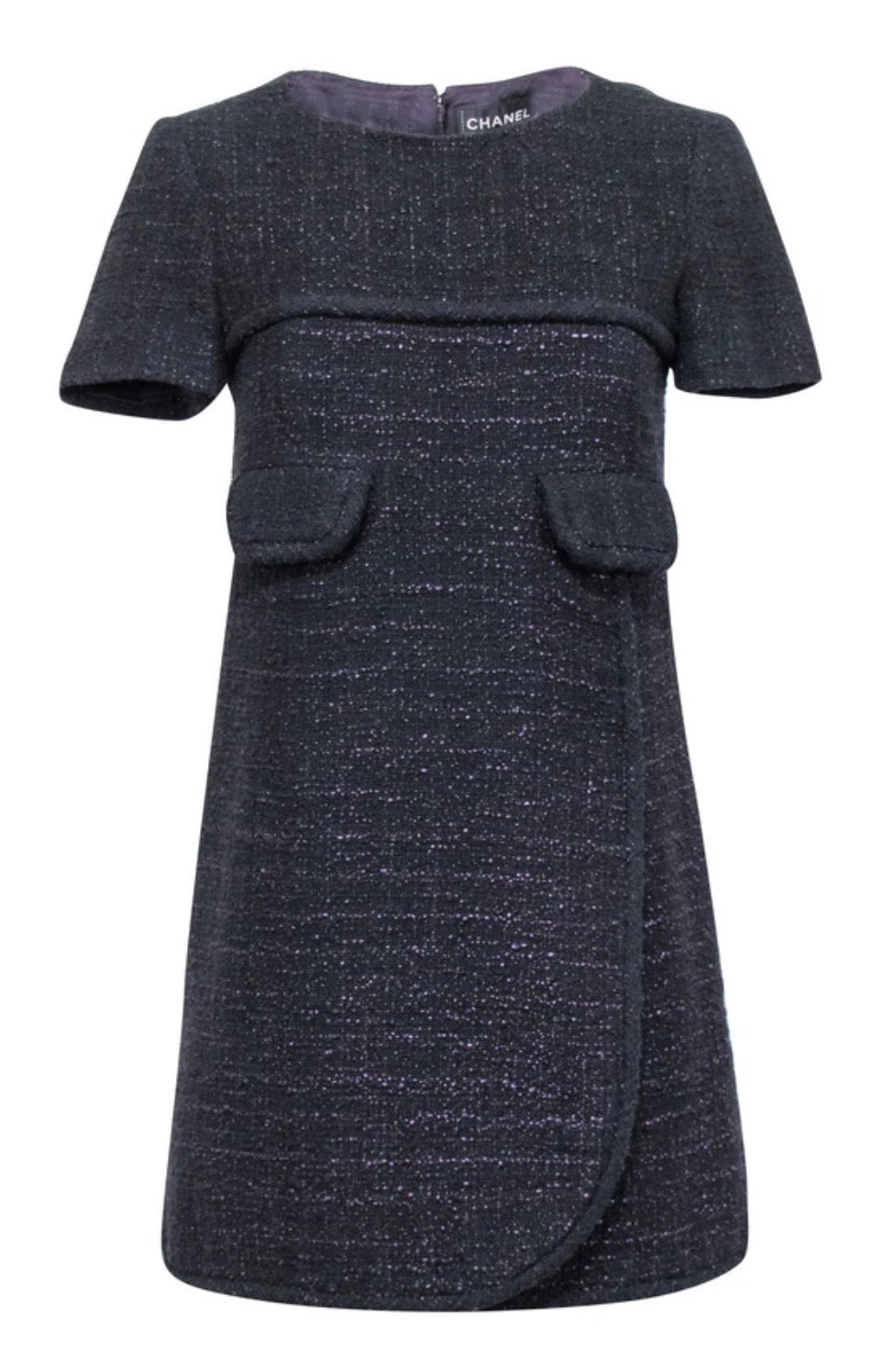CHANEL TWEED SHORT SLEEVE DRESS WITH FRONT FLAP POCKETS