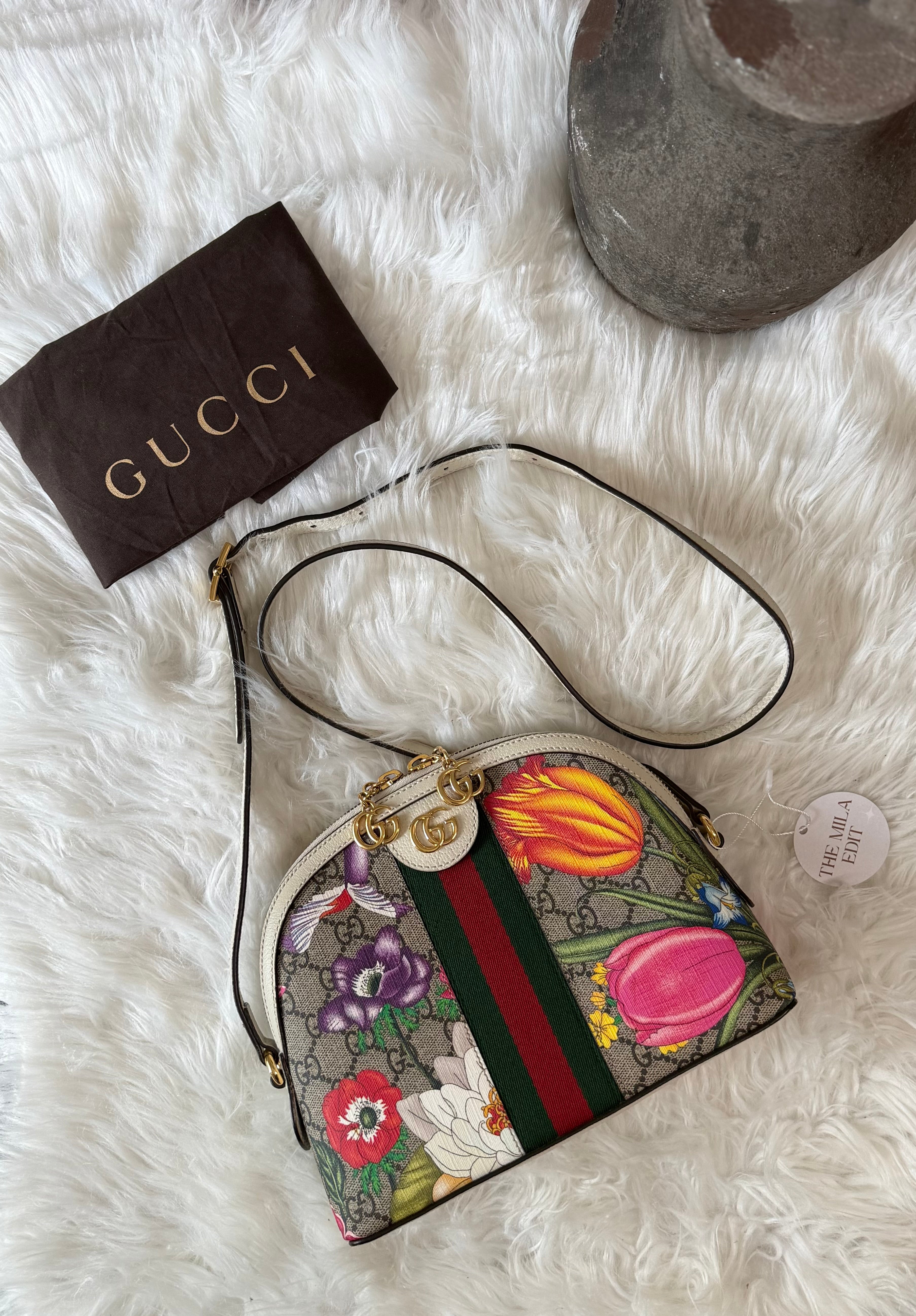 GUCCI SMALL GG SUPREME WEB FLORA OPHIDIA DOME CROSSBODY BAG