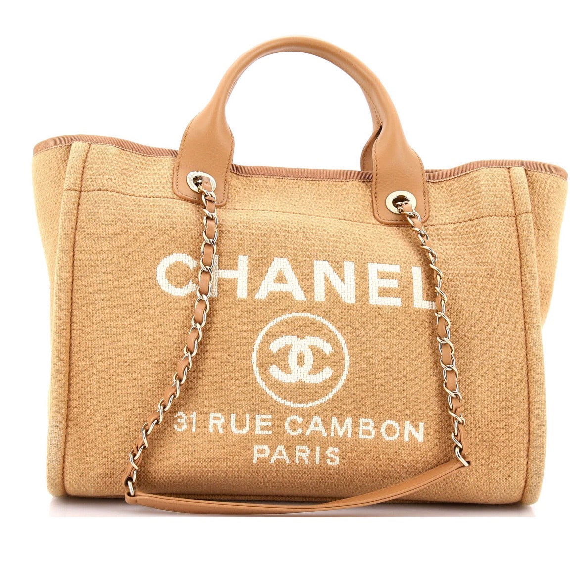 Chanel Medium Deauville tote bag in mixed fibers with gold-tone chain and leather handles