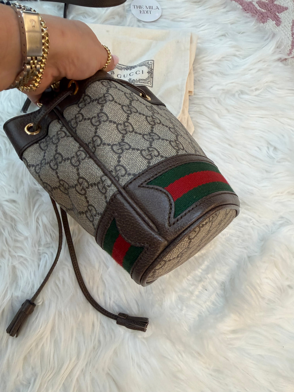 GUCCI OPHIDIA MINI GG SUPREME BUCKET BAG