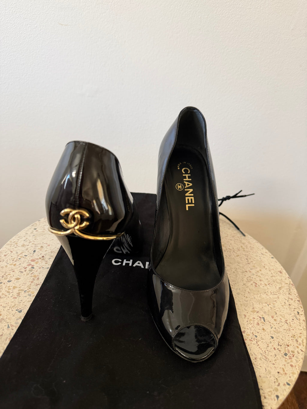 CHANEL CC PATENT LEATHER PEEP TOE PUMPS