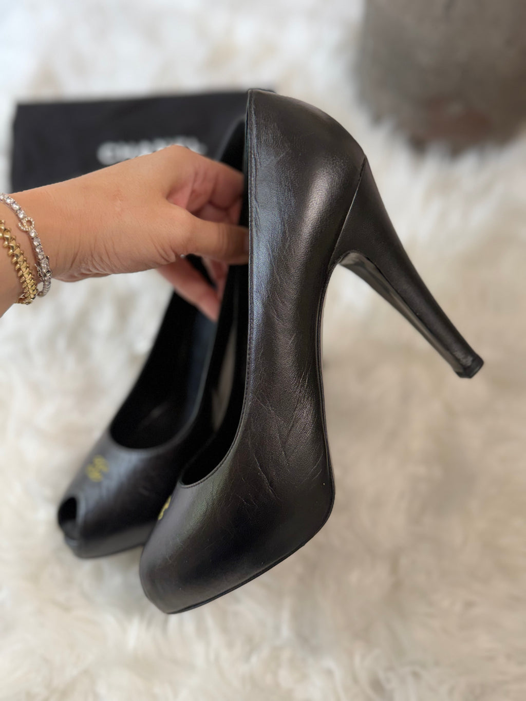 CHANEL LEATHER HIGH HEEL STILETTO WITH SMALL GOLD CC LOGO