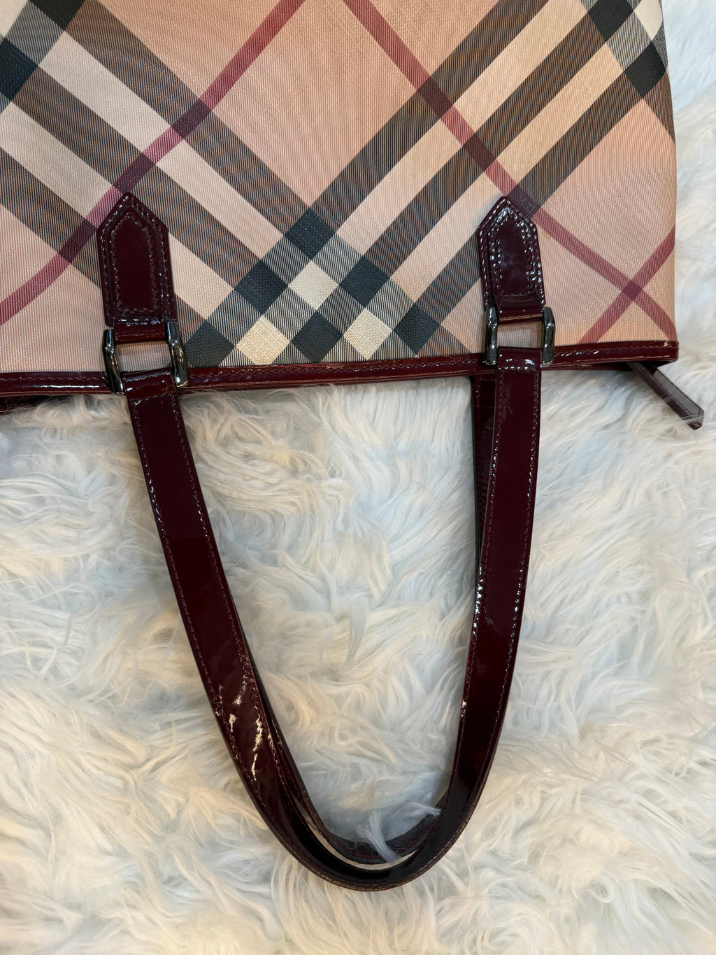 BURBERRY CHECK PRINT LONG TOTE IN CANVAS LEATHER