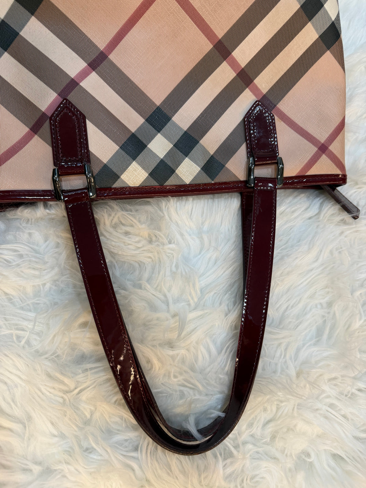 BURBERRY CHECK PRINT LONG TOTE IN CANVAS LEATHER