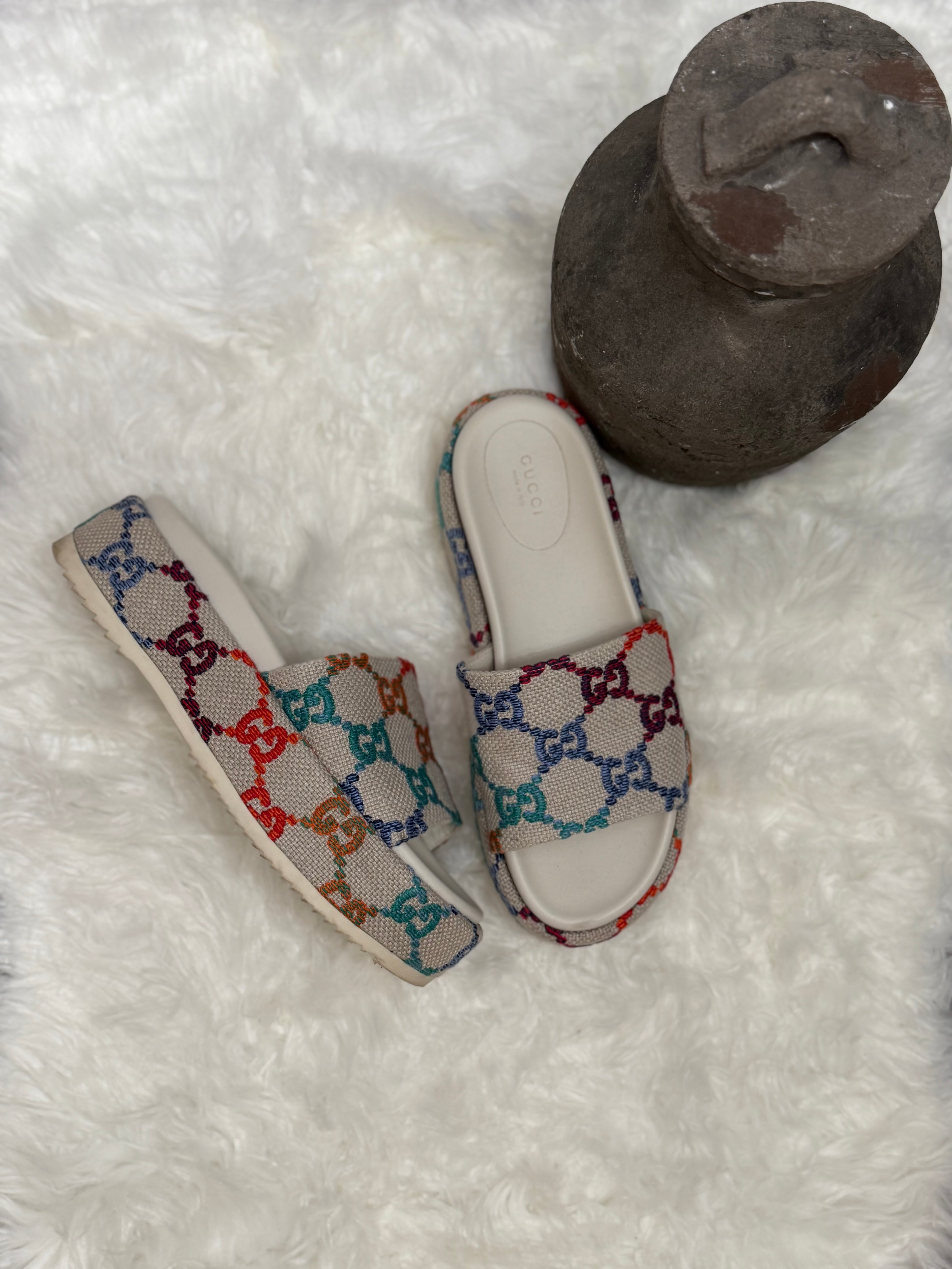GUCCI ANGELINA LOGO-JAQUARD COATED CANVAS PLATFORM SANDALS