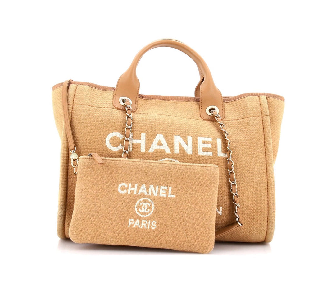 Chanel Medium Deauville tote bag in mixed fibers with gold-tone chain and leather handles