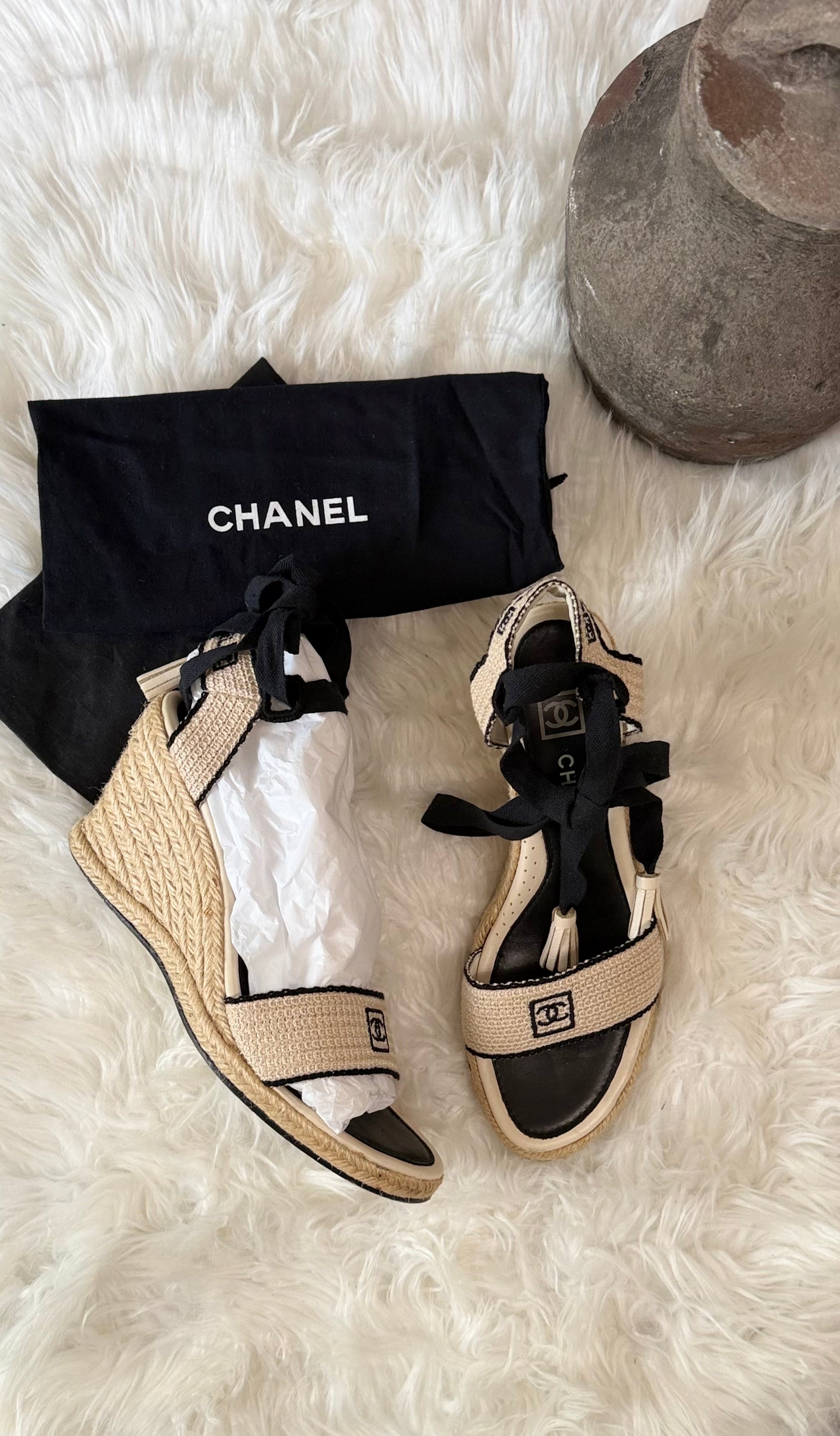 CHANEL CROCHET ESPEDRILLE WEDGES WITH BLACK TRIM