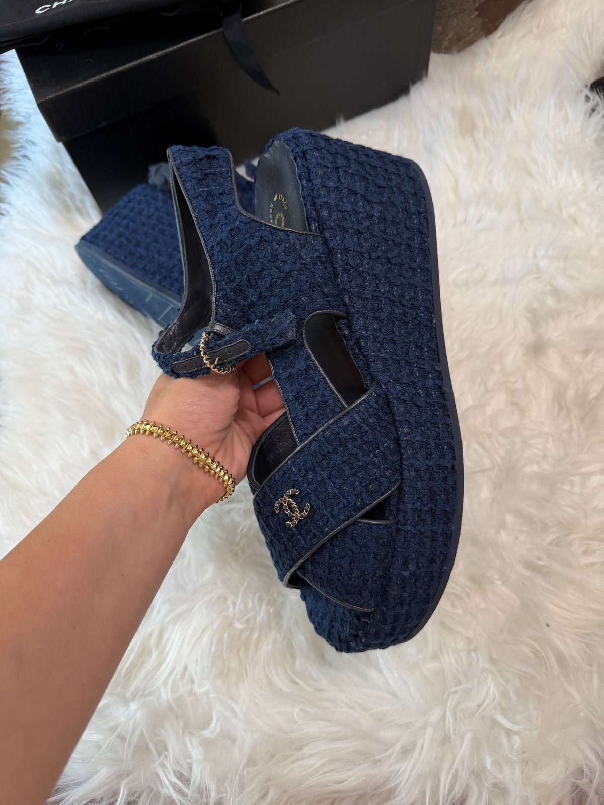 CHANEL TWEED QUILTED CC PLATFORM SANDALS