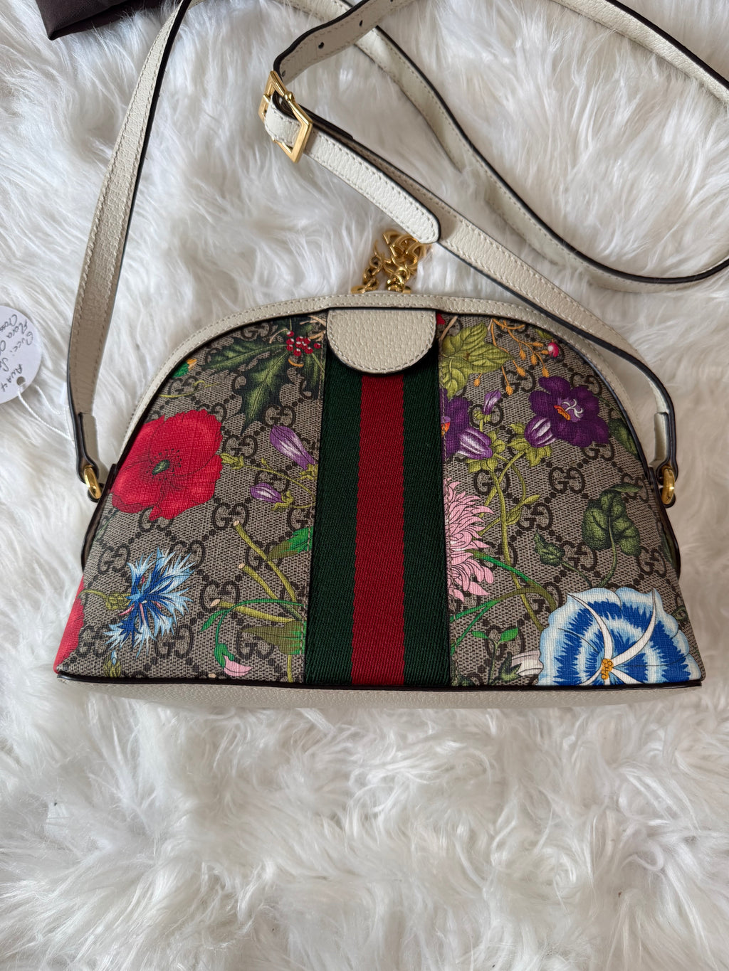 GUCCI SMALL GG SUPREME WEB FLORA OPHIDIA DOME CROSSBODY BAG