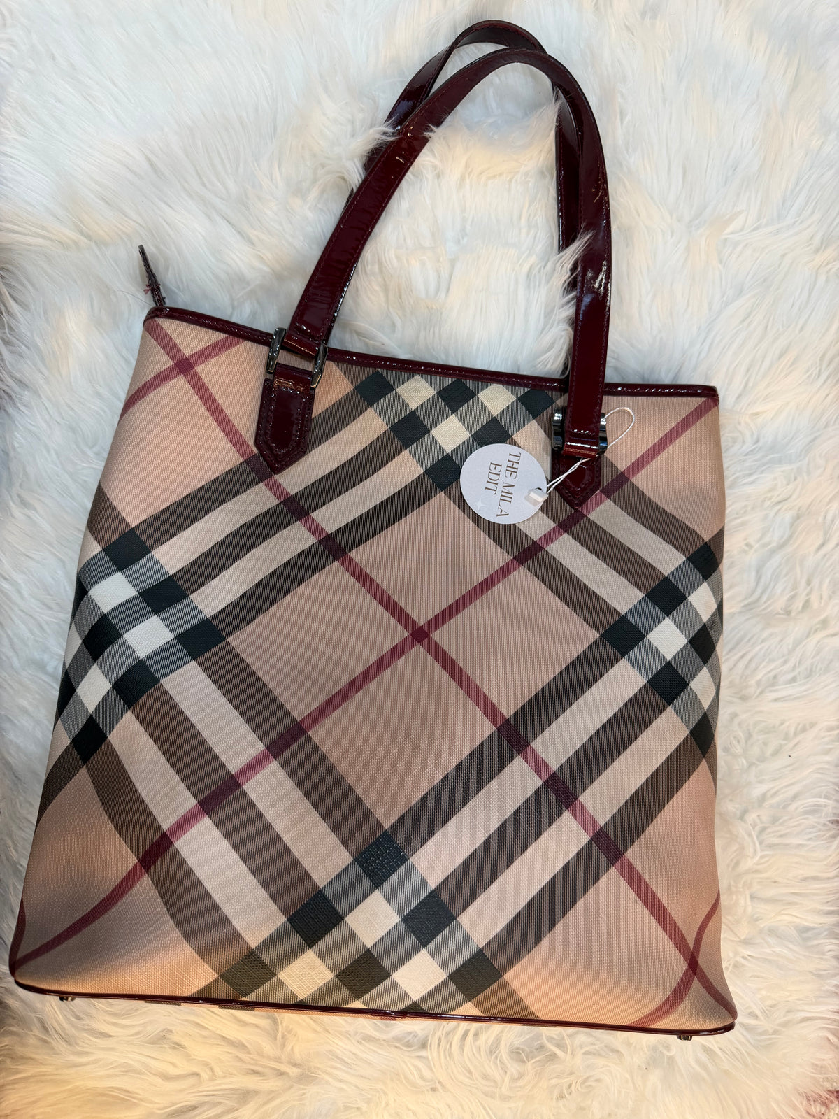 BURBERRY CHECK PRINT LONG TOTE IN CANVAS LEATHER