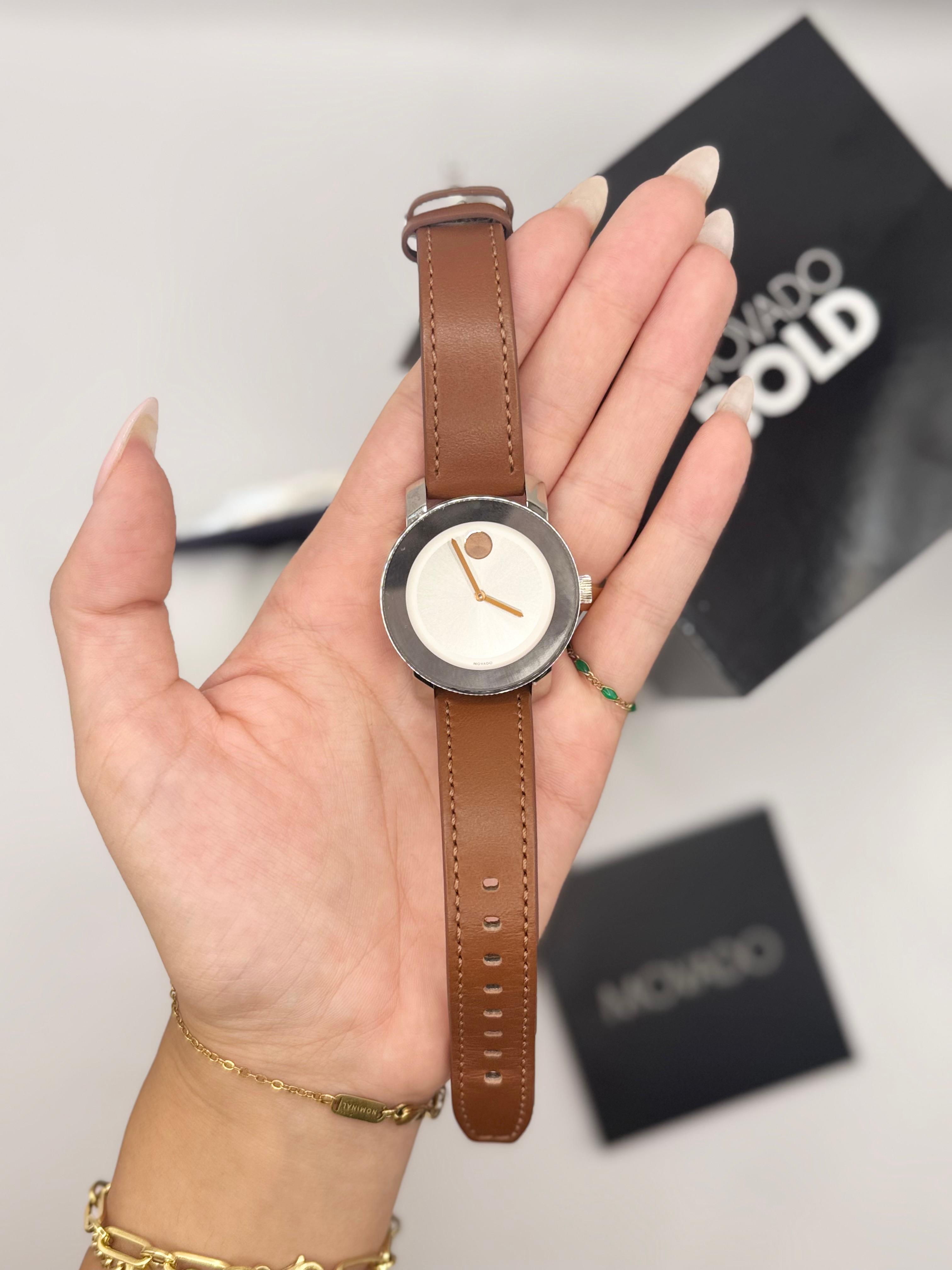 Movado Swiss Cognac Leather Strap silver round face