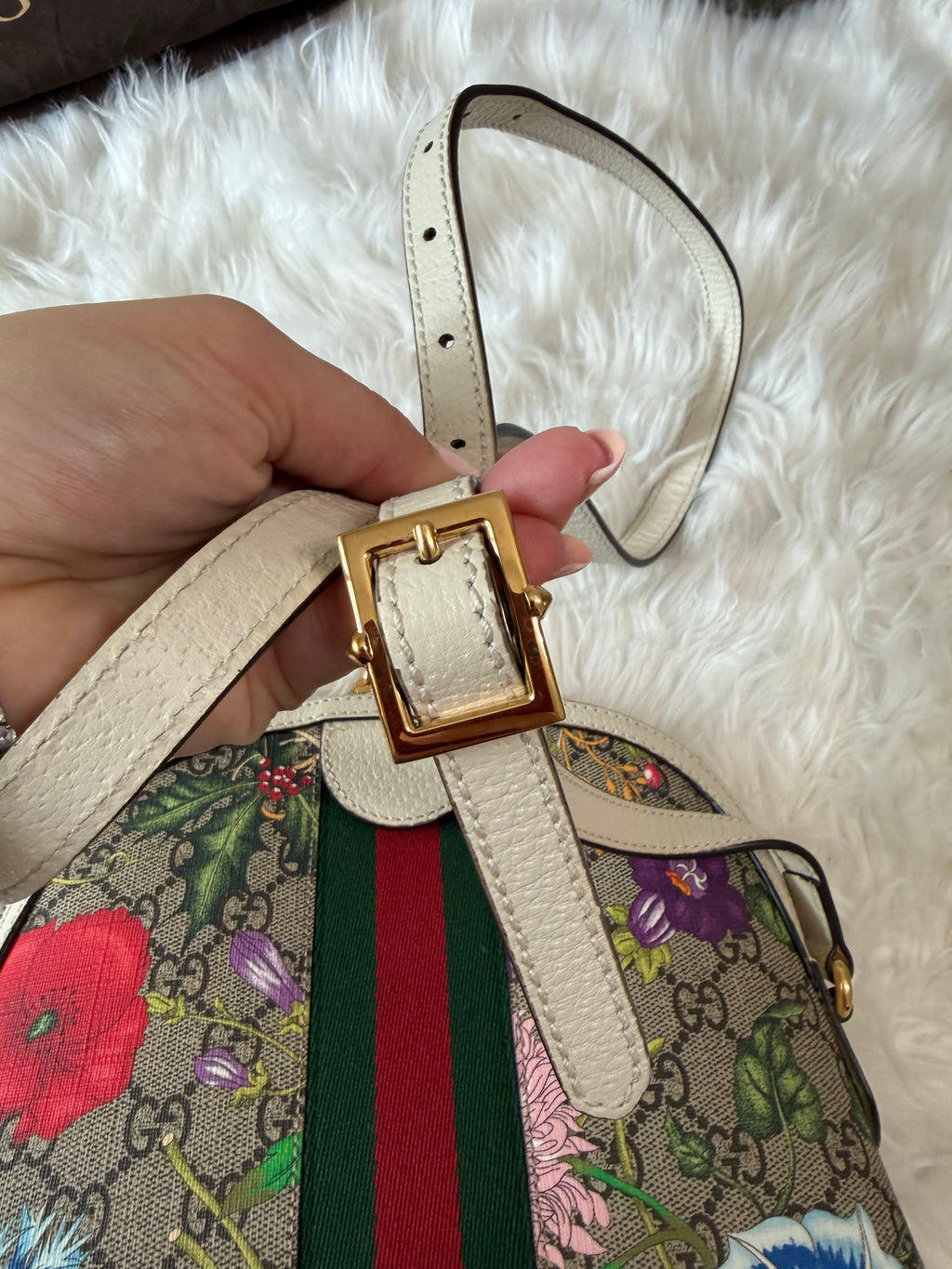 GUCCI SMALL GG SUPREME WEB FLORA OPHIDIA DOME CROSSBODY BAG