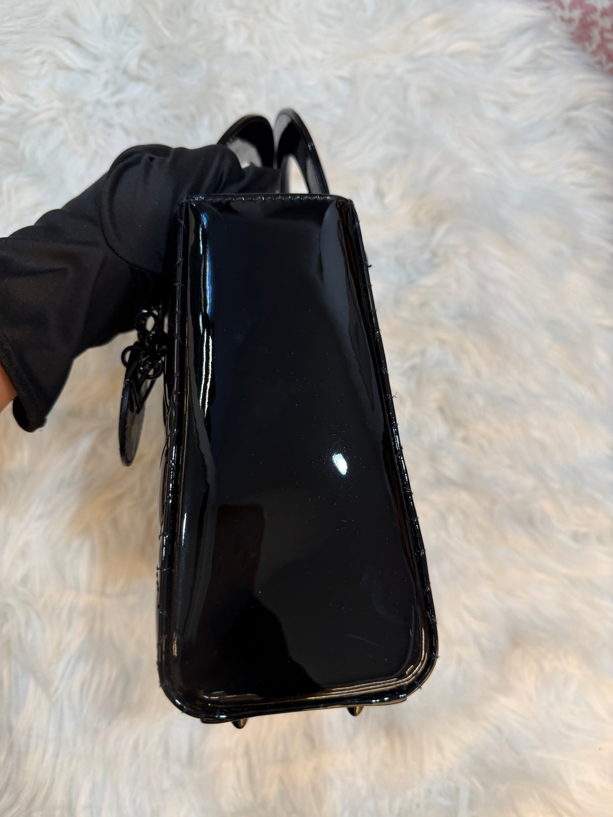 CHRISTIAN DIOR LADY DIOR SMALL BAG IN BLACK ON BLACK PATENT LEATHER