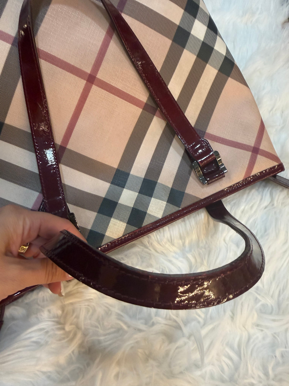 BURBERRY CHECK PRINT LONG TOTE IN CANVAS LEATHER