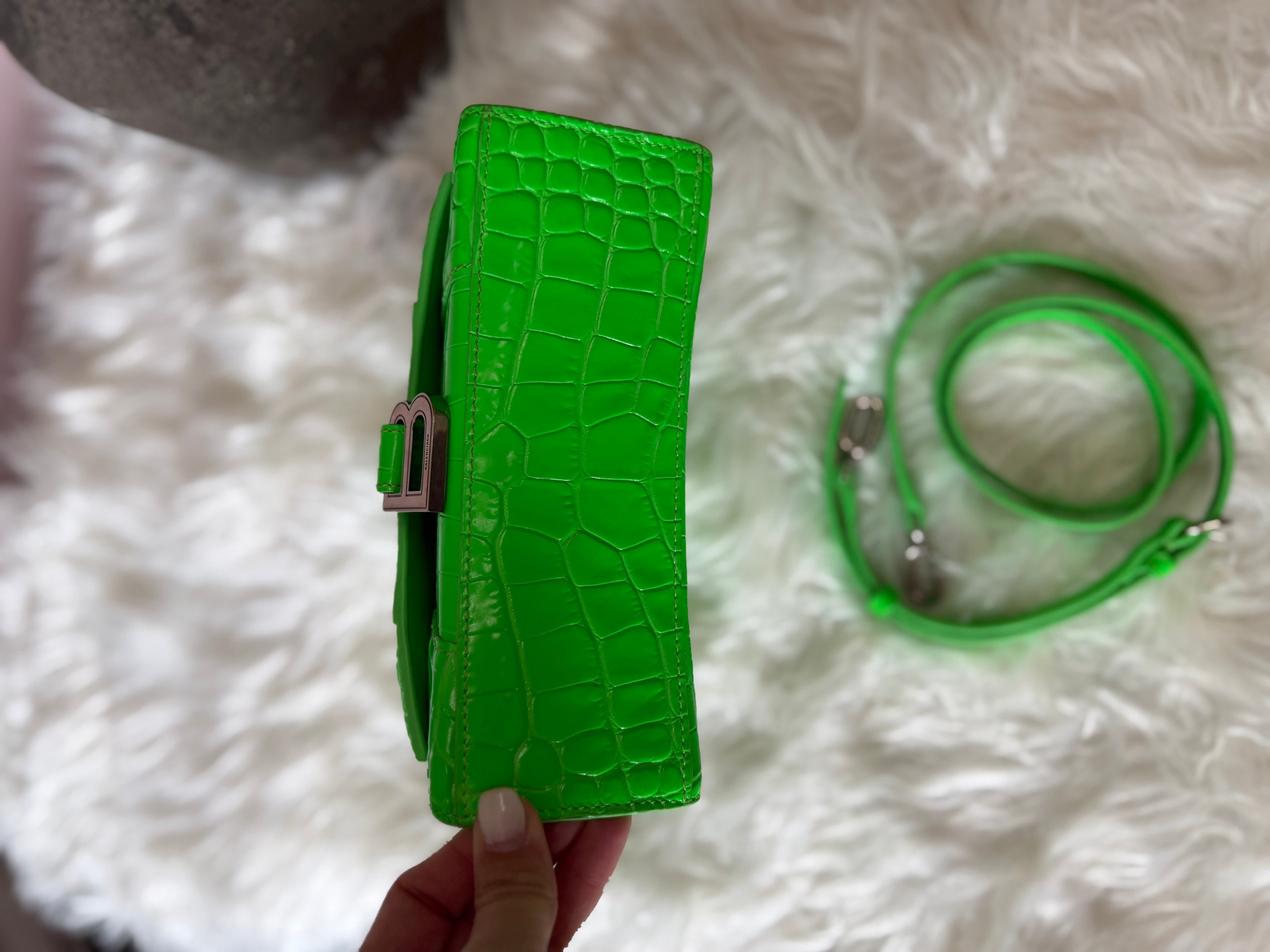 BALENCIAGA SHINY CROC EMBOSSED HOURGLASS TOP HANDEL BAG