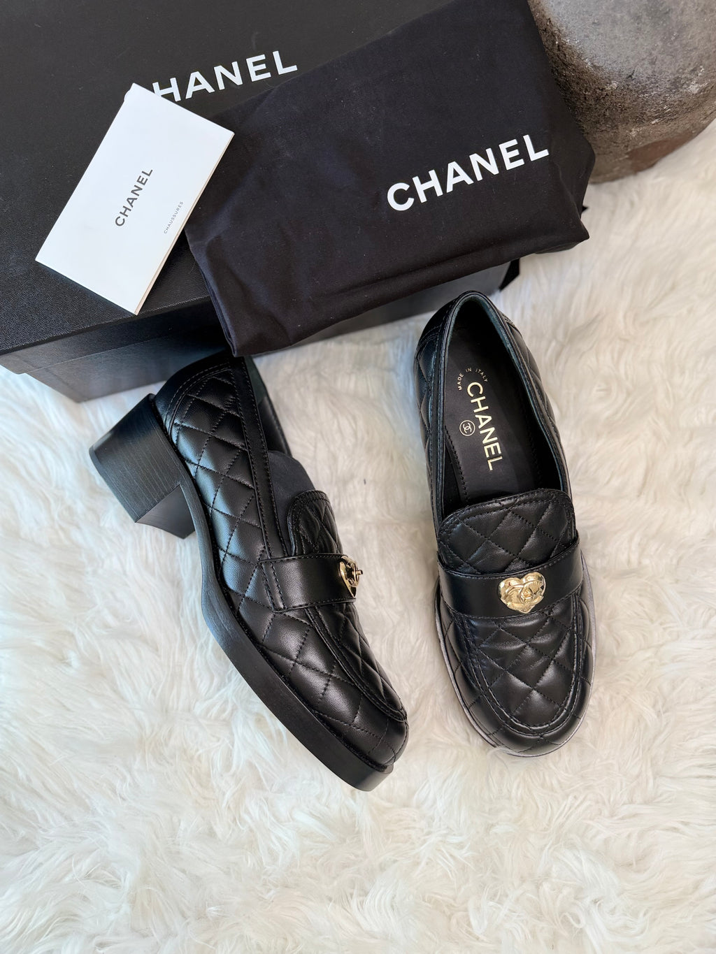CHANEL LAMBSKIN QUILTED LOAFERS WITH GOLD HEART CC LOGO CHARM
