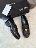CHANEL LAMBSKIN QUILTED LOAFERS WITH GOLD HEART CC LOGO CHARM