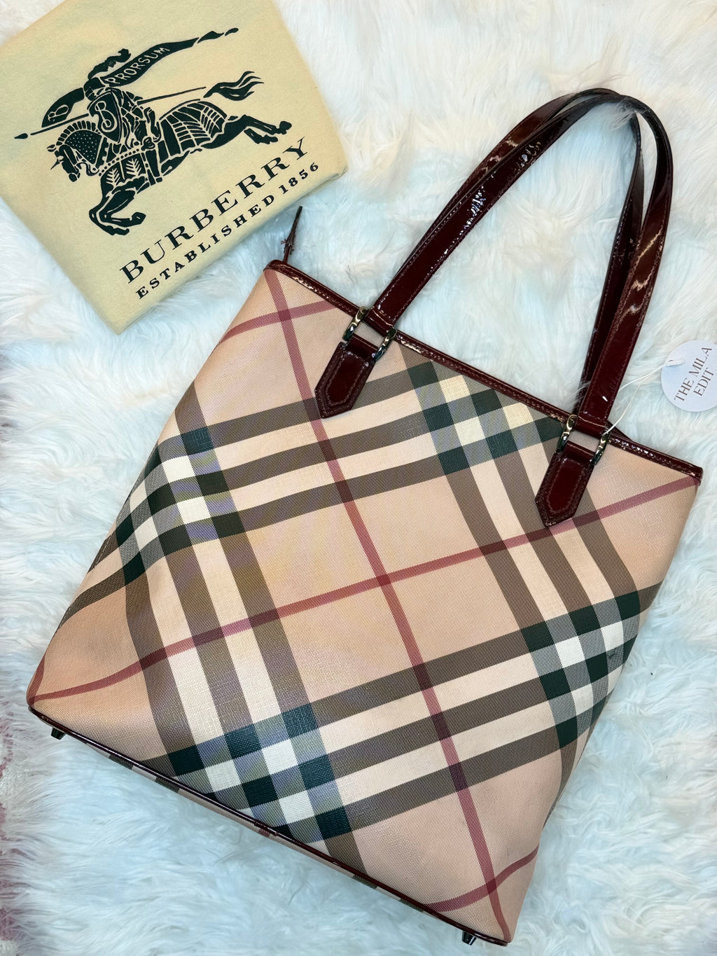 BURBERRY CHECK PRINT LONG TOTE IN CANVAS LEATHER