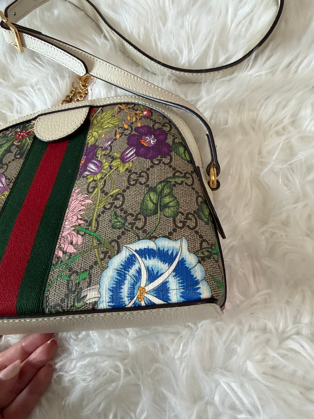 GUCCI SMALL GG SUPREME WEB FLORA OPHIDIA DOME CROSSBODY BAG
