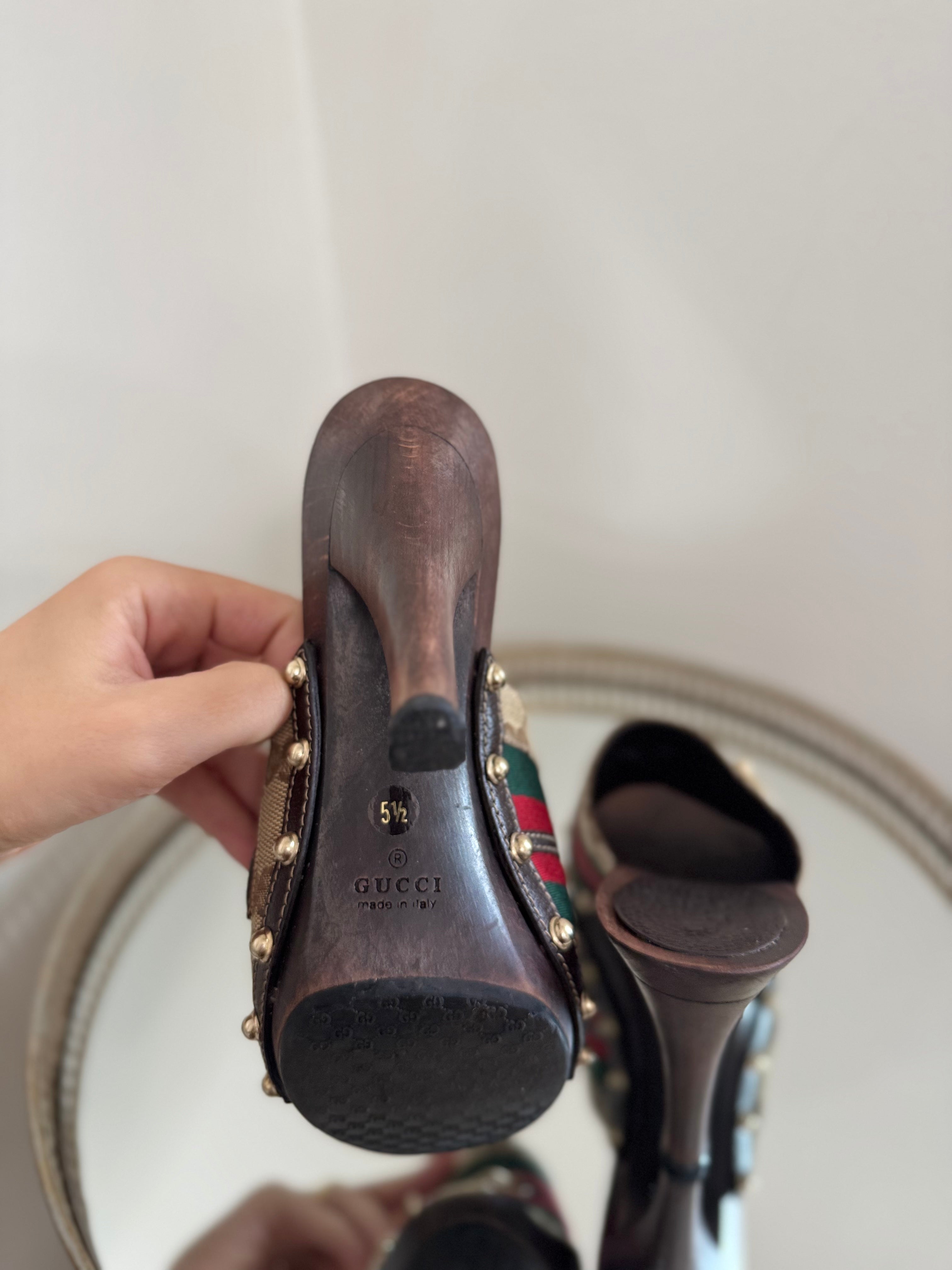 Gucci GG canvas Web Horsebit wooden clogs sandals